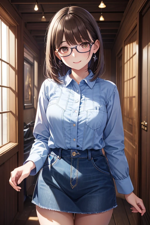 Portrait of a Woman , glasses, Agnes Cecil, Luminous Designs, Pastel Tones, Drops of ink, Fall Lights, high quality DVD, 4K, 8k, high resolution, masterpiece, ultra-fine in 8K, realistic, photorealistic, HDR, UHD, Studio Lighting, ultra-fine painting, sharp focus, physically-based rendering after showering, extreme detail, Professional, Vivid Colors, Bokeh、Anegasaki Nene, shiny brown hair, beautiful brown eyes, smiling face, sparkling pupils, (fine grain), , highly detailed face,, (masterpiece:1.2, best quality), ((only1 girl)), (((cowboy shot:1.5))),