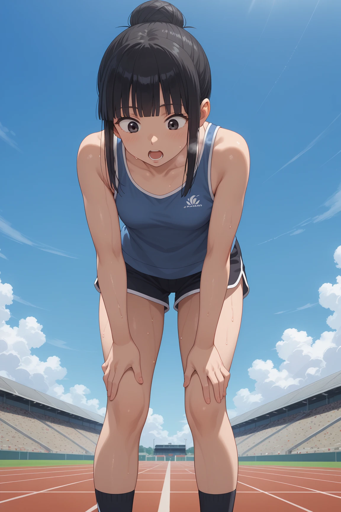 facial details, masterpiece, cinematic angle, drsizukachan1, dress, Shizuka Minamoto, (1 girl, alone, black hair, black eyes, twin tails, competition swimsuit, barefoot, looking at viewer, center of image, feet, toes, in a decrepit underground city in hell, scared), nsfw, (giant),