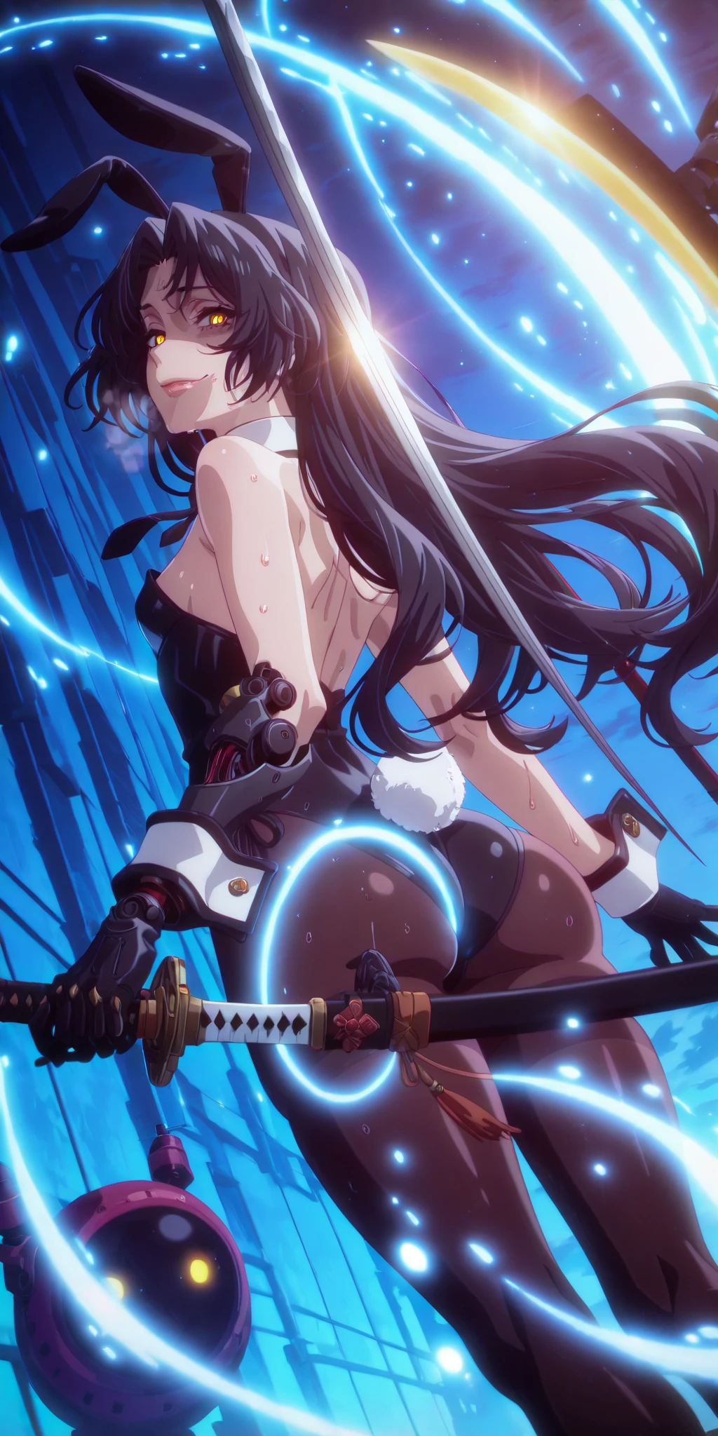 anime coloring, anime screencap, anime-style detailed background, vignetting, masterpiece, high quality, absurdres, best quality, very aesthetic, newest, dynamic composition, anatomical correct, HD, 4K, digital art, trending on ArtStation, ((anatomical correct)), perfect body, perfect eyes, perfect fingers, gasping, heavy breathing, excessive sweating, sweating, sweating profusely, gasping profusely, cinematic, ((skindentation)), ((curvy)), dominique de sade, long hair, black hair, curtained hair, ((small breasts)), yellow eyes, ((black pupils)), plump, 1girl, solo, pantyhose, tail, weapon, ass, leotard, sword, looking_at_viewer, breasts, playboy_bunny, wrist_cuffs, looking_back, from_behind, bare_shoulders, sheath, holding, holding_weapon, katana, rabbit_tail, holding_sword, detached_collar, thighband_pantyhose, strapless, rabbit_ears, brown_pantyhose, mechanical_arms, closed_mouth, black_pantyhose, strapless_leotard, gloves, necktie, looking down, shaded face, particle magic, smirk, lips