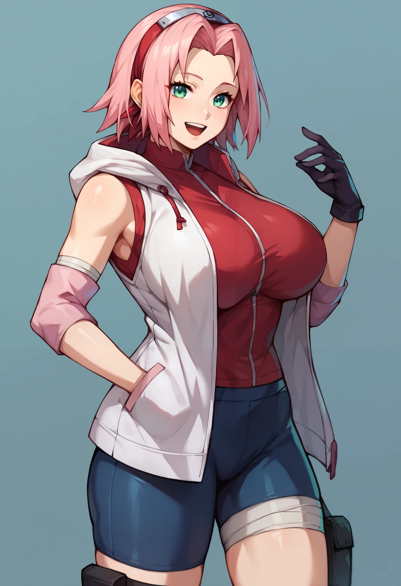 score_9, score_8_up, score_7_up,score_6_up, score_5_up, score_4_up , 1girl, solo, huge breasts, 1girl, haruno sakura, pink hair, short, hair, green eyes, forehead protector, sleeveless, red shirt, bike shorts, shorts, black gloves, Hinata Hyuga, long hair, blunt bangs, dark blue hair, light eyes, forehead protector, konohagakure symbol, purple and white hooded jacket, blue pants, holster, bandage on thigh, happy, cowboy shot, simple background