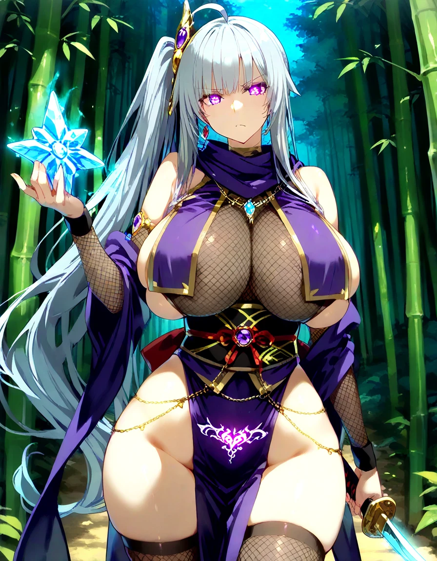 long hair, silver hair, purple eyes, anatomically correct, masterpiece, best quality, Extremely detailed, breasts, tattoo, 1girl, solo, thighs, pubic_tattoo, pubic hair peek, navel, squatting, huge_breasts, pelvic_curtain, jewelry, loincloth, looking_at_viewer, arm_tattoo, thick_thighs, curvy, sagging_breasts, tribal, nature,  revealing_clothes, see-through, nsfw, nsfw art, facing viewer, open mouth, upper teeth, lips, tongue, blush, sweating, wet, saliva