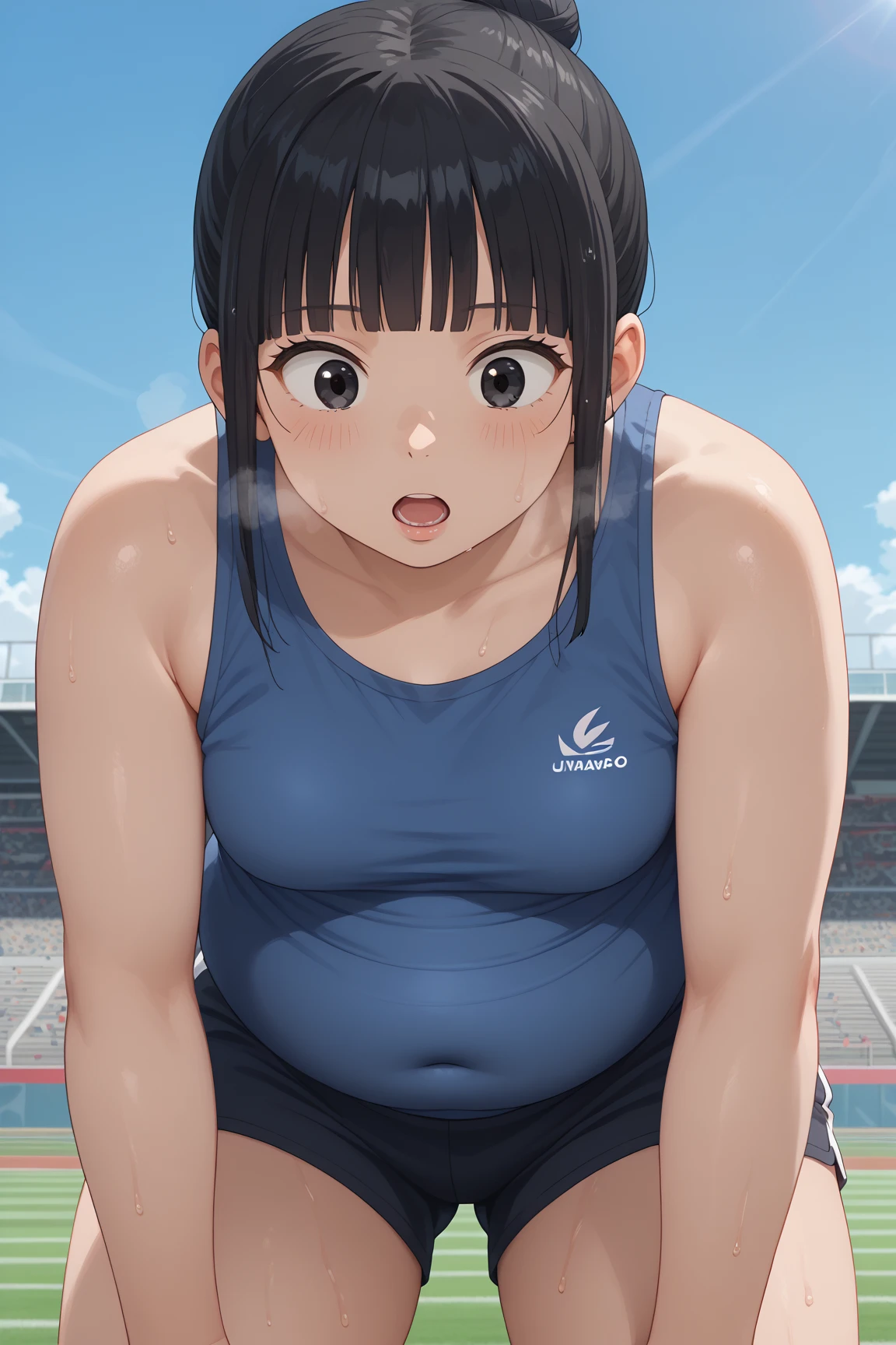back focus,at the track and field stadium, japanese plump lady,((gigantic hip)), smile, pale skin, droopy eyes, 20 year old, bowl cut hair, back shot, ((green running wear)), ((all fours)), high quality:1.3, Worm’s Eye View 2.0, Professional lighting:2.0 realistic:1.2, 4k resolution, detailed skin, masterpiece:1.1