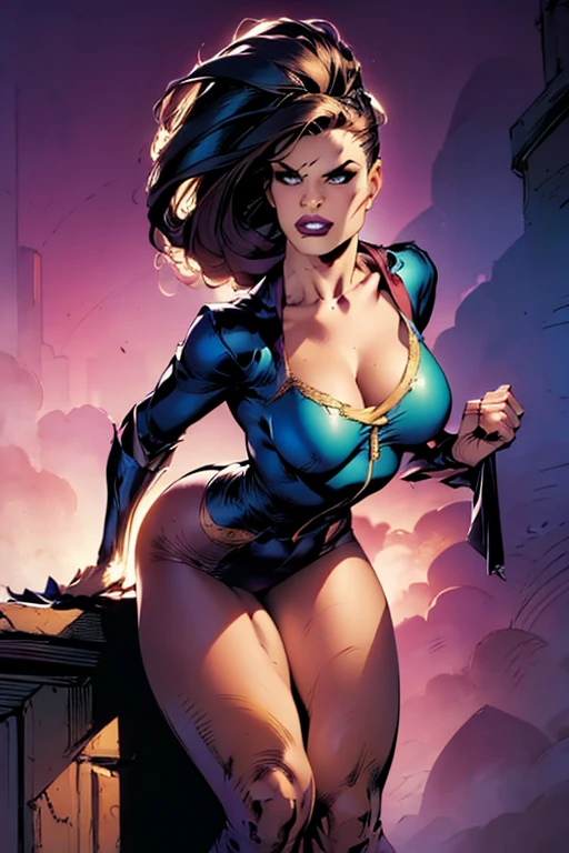 Gorgeous and sultry busty athletic (thin) brunette with sharp facial features wearing a white and gold superhero leotard, dark blue cape, gloves, thigh-high boots. Standing, city street. Muscle.
