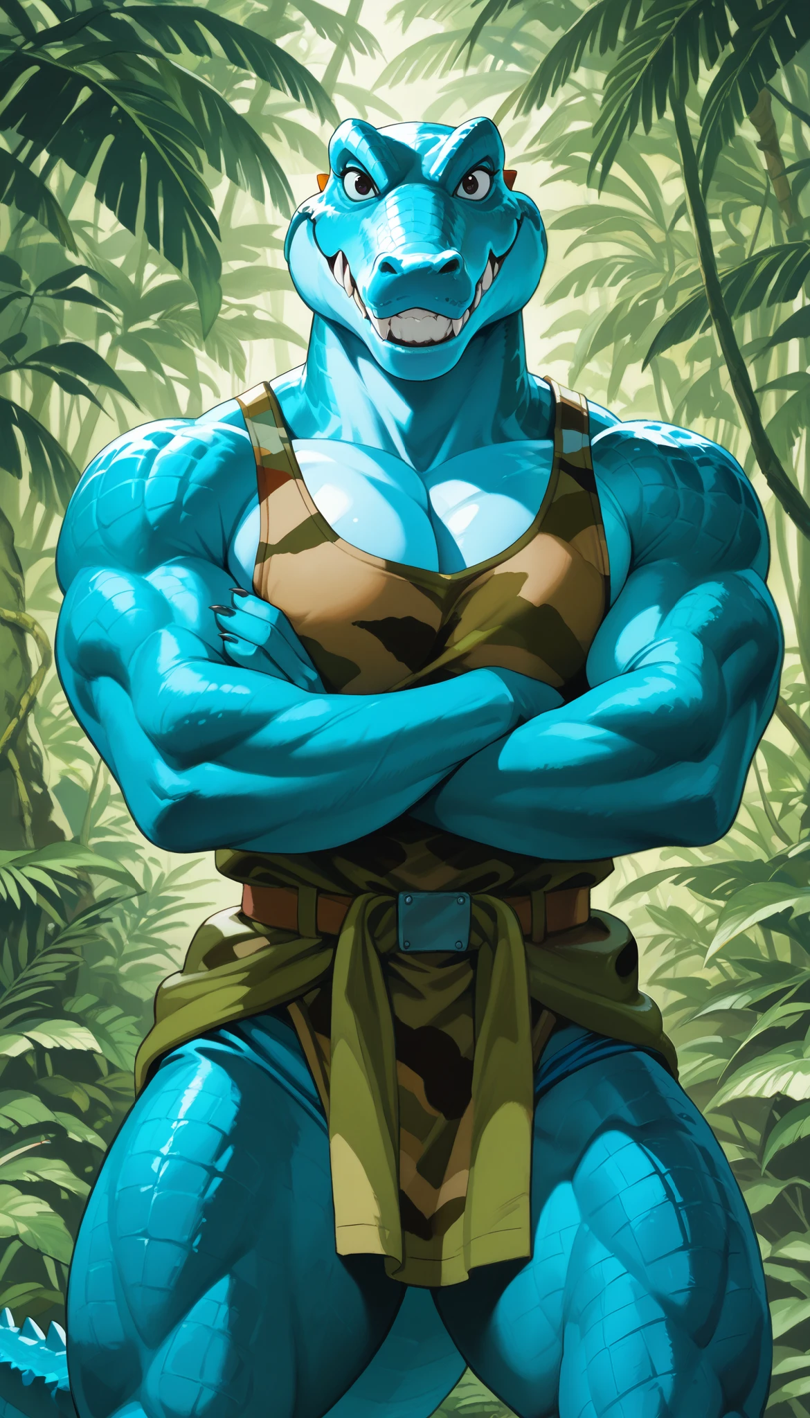 (krusha), (extremely detailed CG unit 8k wallpaper),(master part), (best quality), (ultra detail), (best illustration),(ghibli_style), cowboy shot, standing, facing viewer, looking at viewer, perfect face, perfect eyes, perfect fingers, (Sharp eyeliner, ombre, detailed eyes:1), traditional media, ghibli landscapes, outside, jungle, break , upper body, solo, smile, (spiky teeth, anthro, reptile, crocodile, black eyes, blue skin, muscular, big pecs, broad shoulders, thick thighs, military tanktop, crossed arms, 4 fingers)