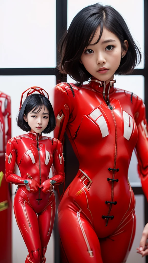 (8k、Raw photography、highest quality、masterpiece:1.2),(Black-haired、Very short hair:1.8),(Twin tails:1.2)、View Audience,Viewed from the front,erotic,白いskin,(wearing a red plug suit:1.9)、()、(Clothing that emphasizes the shape of your chest、Publish one'skin:1.5)、(Big Breasts :1.4)、Slim figure、Ultra-high resolution,beautiful,beautiful fece,(one person、No background:1.9),whole bodyボディー,Japanese women,(Photorealistic:1.37)、Photon Mapping,reality、(Baby-faced and cute: 1.0)、(Cute Smile: 1.7)、(With a round face: 1.7)、Radio City、Physically Based Rendering、Depth of field rally background、photograph, (I can see your knees、High Leg、Thigh close-up:1.8),(:1.4),whole body、Super quality, (Thick thighs:1.3) ((PAWG BODY:1.2)) (CLEAVAGE:1.2)