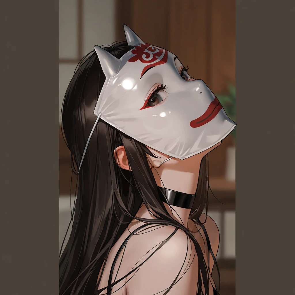 masterpiece, best quality, extremely detailed, anime, Girl, solo, black hair, twin tails, NSFW, nude, obscene pose, ((face covered with animal festival mask)), selfie, filming frame,