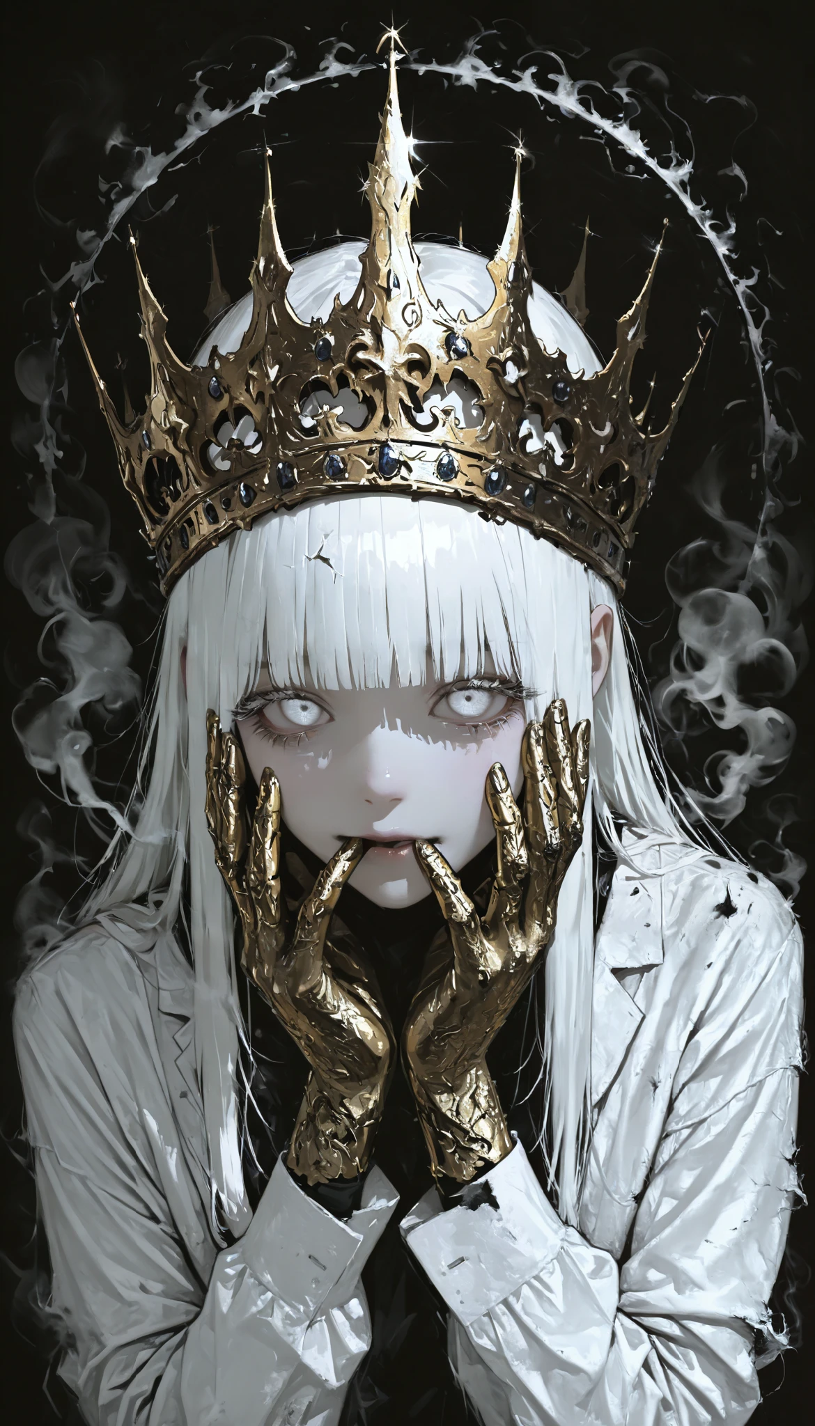( masterpiece, better quality), safe, bangs of incredible quality , very aesthetically pleasing , Absurds, highres, newer , HDR-10, 8K, high detail RAW color art , large pupil , eyelashes, high detail RAW color art ,a man, King Midas , A very aesthetic image , visual fractures ,(humanoid shadow ),Black flames,Burning Crows,semi-realista,smoke coming out of his mouth, shiny gold crown, bright white eyes , gold fingers , realistic gold ,textured , gold fingers , gold coins in your hands