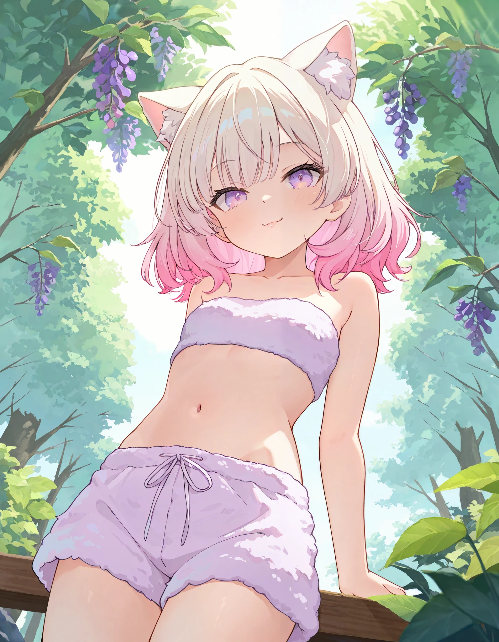 Pink pupils, White fluffy body, White furry tail, girl cat,long white hair,Exquisite wallpapers,Very cute,The popular style of the P station,One role solo,Light yellow cute fluffy little long legs,Loli style,Blushlush,Bras made of weeds,Focus on the legs,Spread your legs to the sides,The focus is between the legs