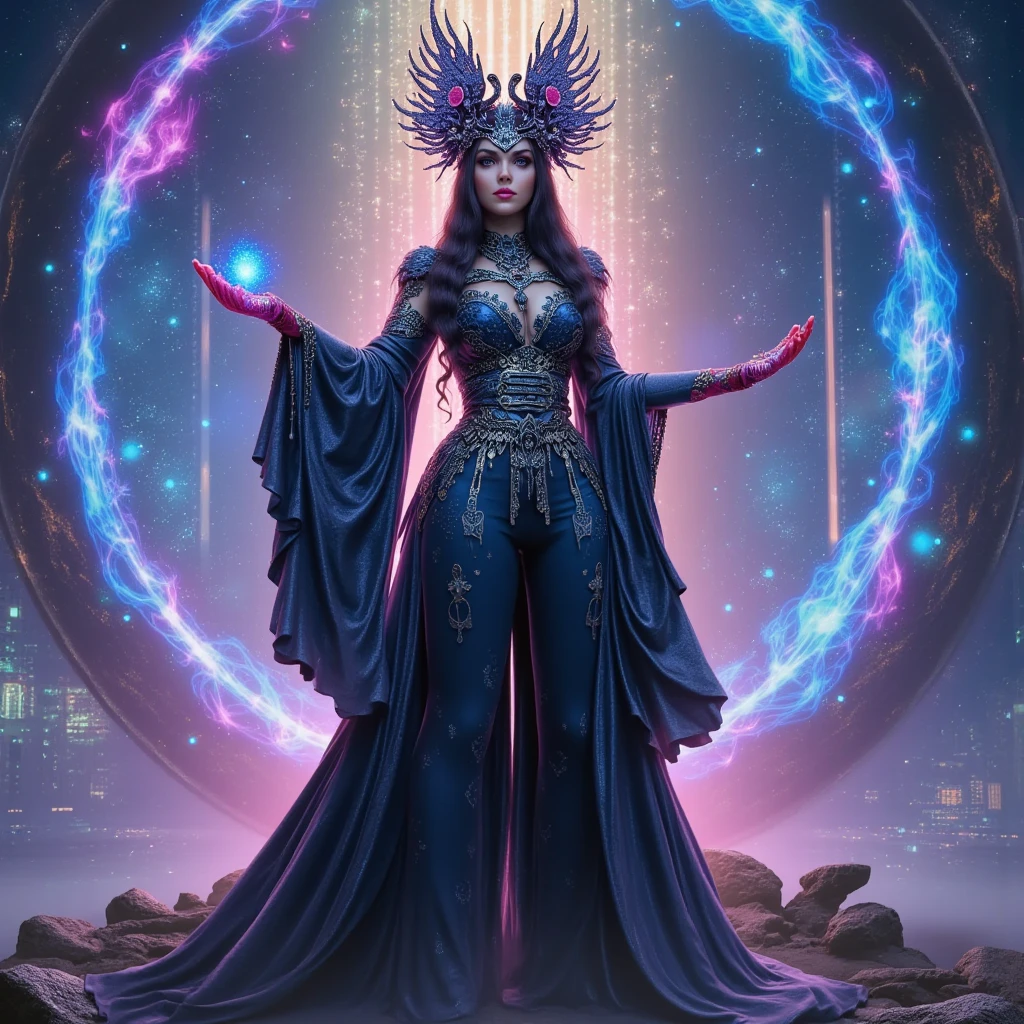 In a kaleidoscopic realm of swirling stardust and neon nebulae, the celestial enchantress Grace holds dominion. Her incandescent form outshines quasars, with obsidian tresses cascading down her silhouette. Smoldering indigo eyes and prismatic garments radiate the full spectrum across her curves. Diaphanous robes spiral in a chromatic vortex. Stardust crowns her as the mistress of chromatic allure. Her domain births dazzling realms of color, nurturing new celestial bodies with infinite potential. In this coruscating realm, the fully-clothed enchantress Grace reigns supreme, her allure fueling perpetual creation and rebirth. sexy body. sexy pose, fully clothed
