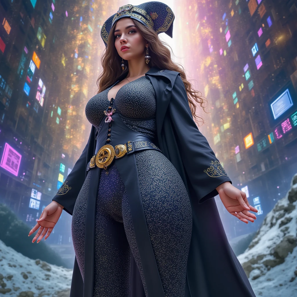 masterpiece ,ultra realistic, photo realism , beautiful black woman , wet lips , brown eyes, elf ears, glasses, long brown hair , loose in the wind, thick thighs , fat curvy body , voluptuous, cute chubby face (( tattoo on the side of the leg , tribal tattoo )) , very detailed skin , happy face, (( casual wear )) , walking towards the camera, bright , mini skirt, all detailed, fireworks in background, strong illumination , striking , 8k, no watermarks, no nudes