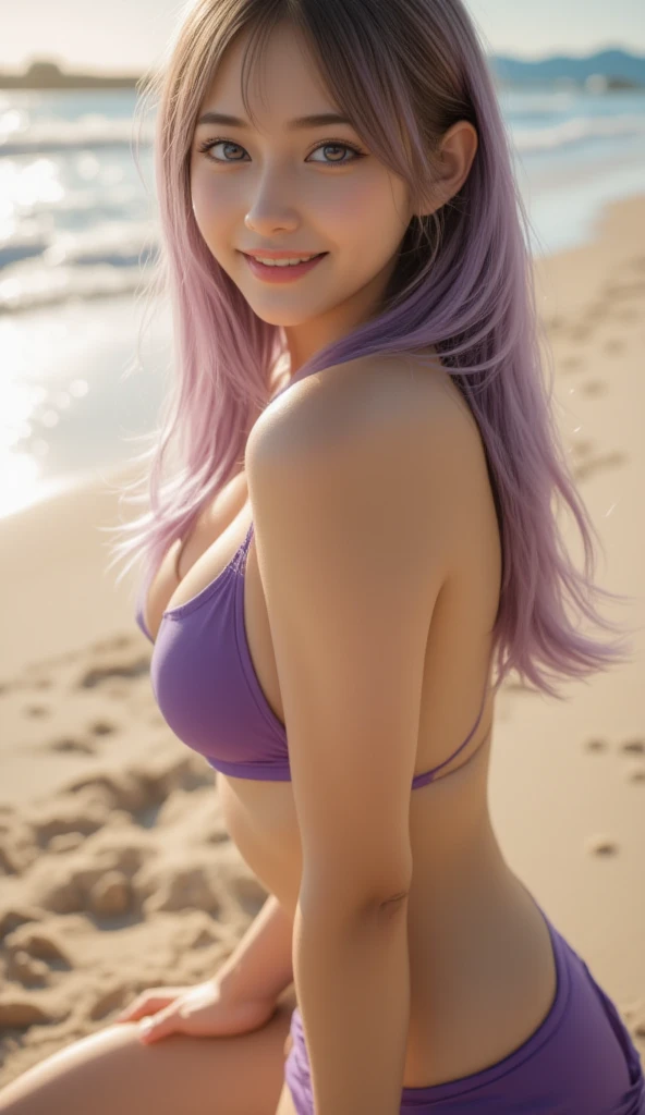 1girl in, 30 years old, Square face, straight look, Long blue hair in pigtails, hair with daisies, outfit with sunflowers, body facing the screen, lots of jewelry, white skin, breasts sexy big, big butt, bright pink bikini outfit, rocky beach background at the stream bank, surrounded by many hydrangeas, standing in many sexy poses