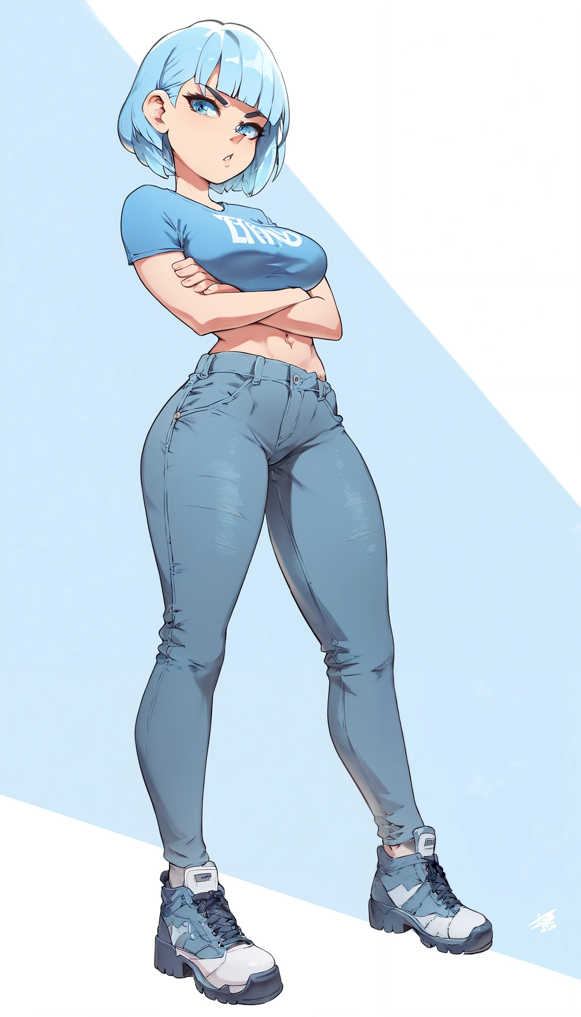 Girl with short light blue hair with bangs. She is wearing a tight blue top, combined with tight jeans highlighting her curves and stockings, without shoes. She is standing, with hands crossed in front of the body. His expression is a little serious, with big blue eyes. The image captures the girl's entire body.
