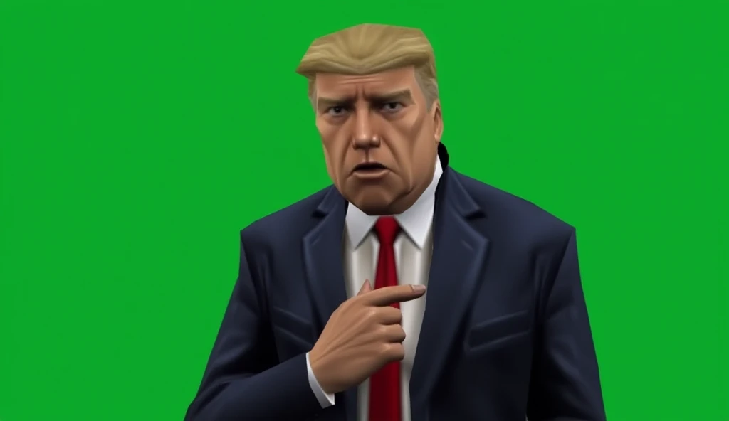 deus-ex, dex2k. A video game. high quality, 8K Ultra HD, Donald Trump in a business suit, angry and pointing his finger down, on a green background.. 3D graphics of the year 2000