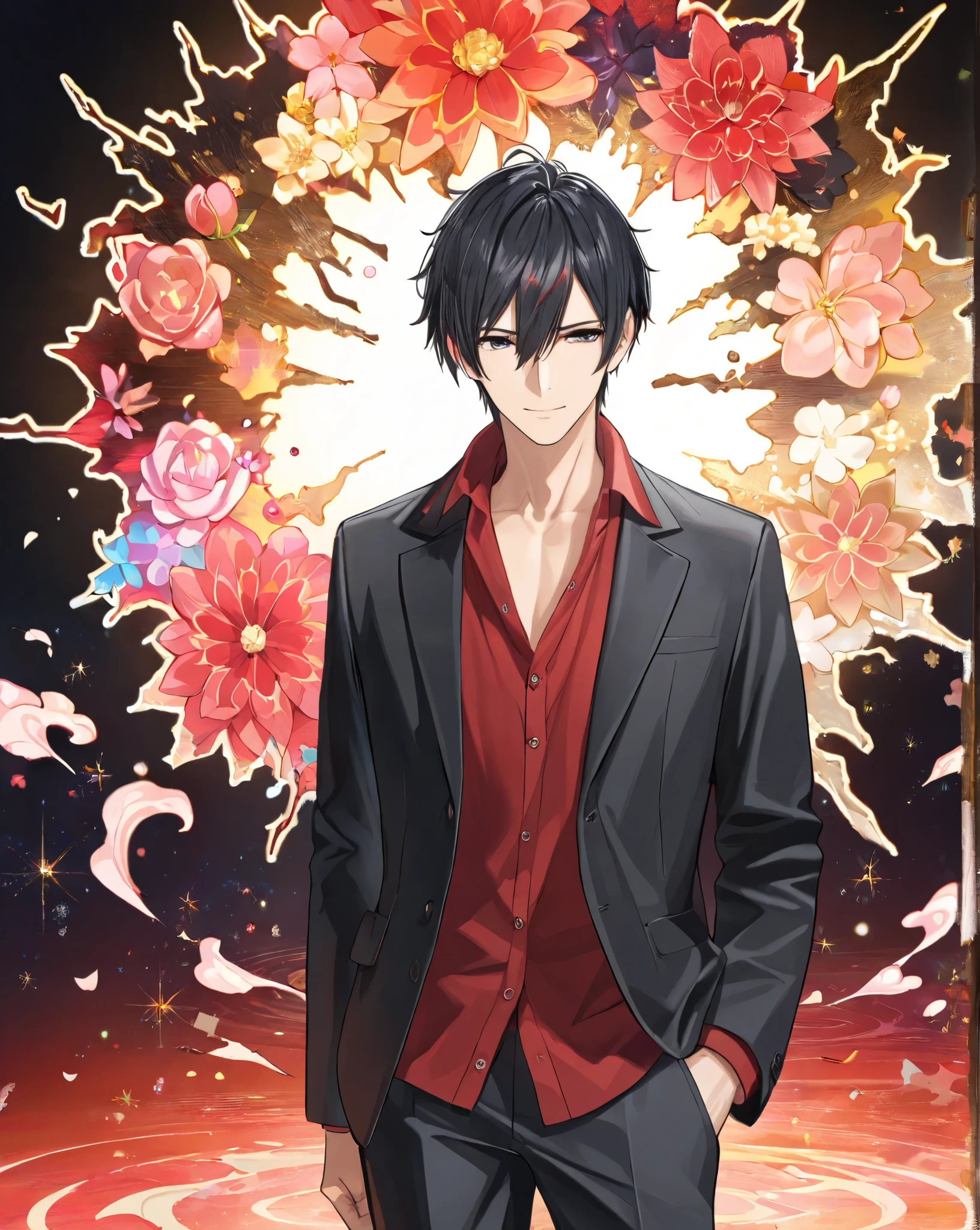 (masterpiece, top quality, best quality, Official Art, beautiful and artistic:1.2), (1 adult male), extremely detailed,(fractal art:1.3),colorful,Most detailed((black hair))(( Red))(Tempting)foot out of frame, stick out of the screen,