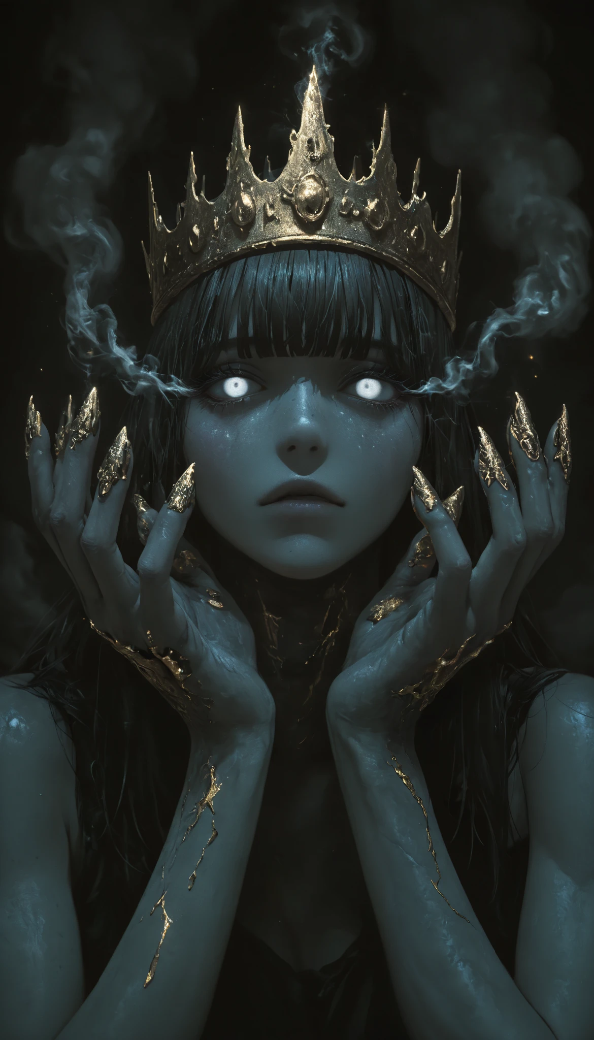 ( masterpiece, better quality), safe, bangs of incredible quality , very aesthetically pleasing , Absurds, highres, newer , HDR-10, 8K, high detail RAW color art , large pupil , eyelashes, high detail RAW color art ,a man, King Midas , A very aesthetic image , visual fractures ,(humanoid shadow ),Black flames,Burning Crows,semi-realista,smoke coming out of his mouth, shiny gold crown, bright white eyes , gold fingers , realistic gold ,textured , gold fingers , gold coins in your hands