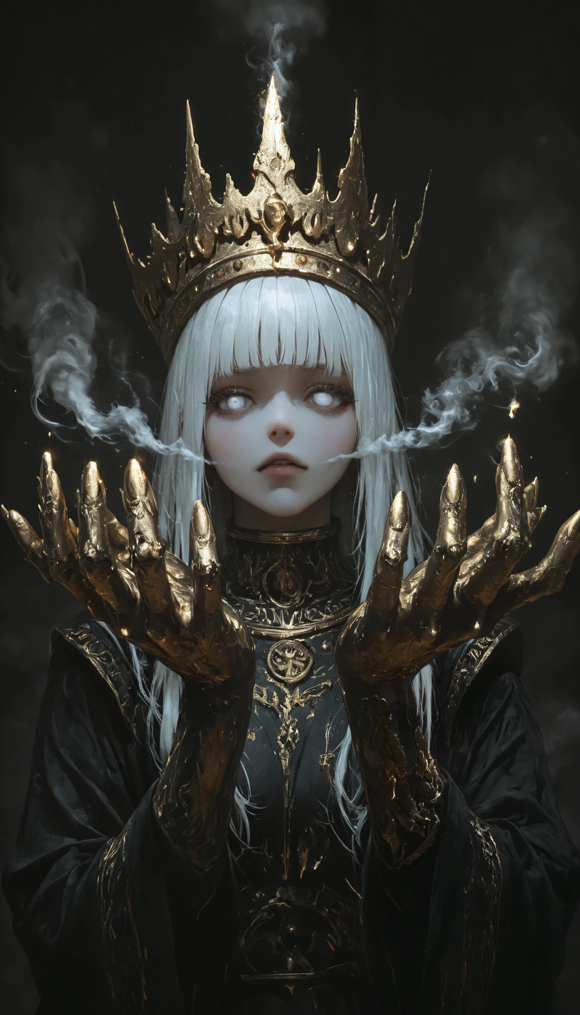 ( masterpiece, better quality), safe, bangs of incredible quality , very aesthetically pleasing , Absurds, highres, newer , HDR-10, 8K, high detail RAW color art , large pupil , eyelashes, high detail RAW color art ,a man, King Midas , A very aesthetic image , visual fractures ,(humanoid shadow ),Black flames,Burning Crows,semi-realista,smoke coming out of his mouth, shiny gold crown, bright white eyes , gold fingers , realistic gold ,textured , gold fingers , gold coins in your hands