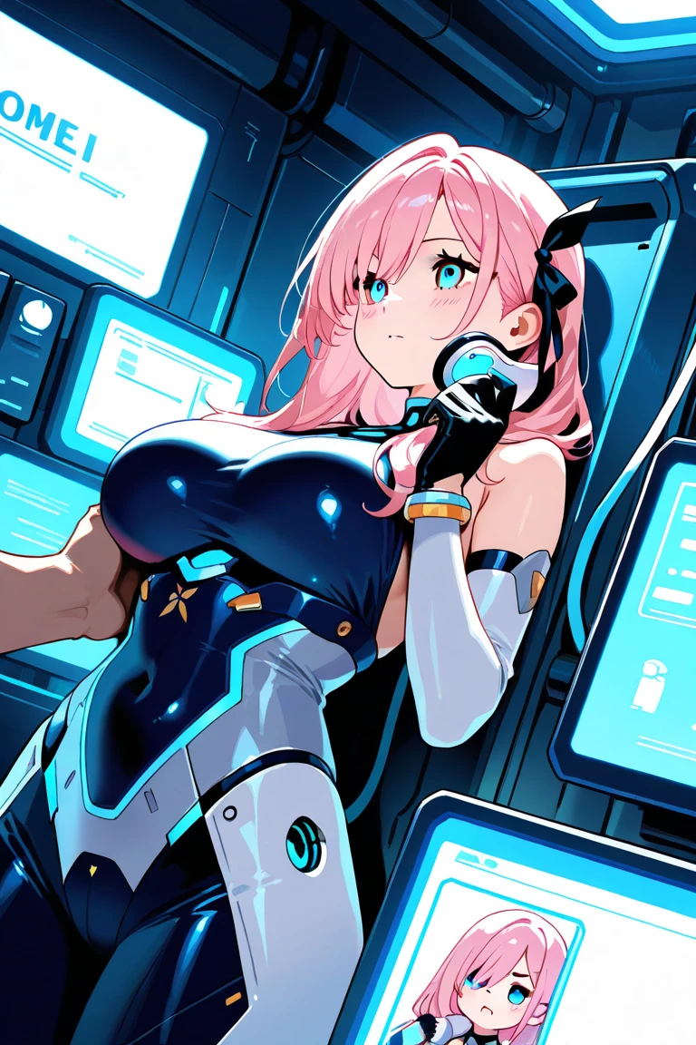 piece of art, maximum quality, best quality specialist, official art, beautiful and aesthetically pleasing, anime, 1 girl, zero two, extremely detailed, colorful, more detailed ((ultra details)), (highly detailed computer illustration), standing alone, pink hair, pair of horns, green eyes, long hair, (character focus), pilot suit, naked, Science fiction, nsfv