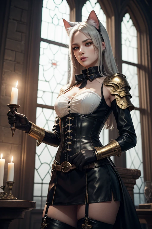 (realistic:1.3), finely detailed, quality, rembrandt lighting, (masterpiece:1.2), (photorealistic:1.2), (best quality), (detailed skin:1.3), (intricate details), dramatic, ray tracing, 1girl, hair ornament, 21 years old, detailed skin texture, (blush:0.5), (goosebumps:0.5), subsurface scattering, smiling, medium breasts, white hair, black leotard, frills, white ascot, jewelry, long sleeves, black sleeves, bridal gauntlets, black thighhighs, shrug \(clothing\), black cape, tattoo, (bright sunny day, lavish, aristocrat mansion, luxurious decorations), <lora:maestra_nequitia:1>