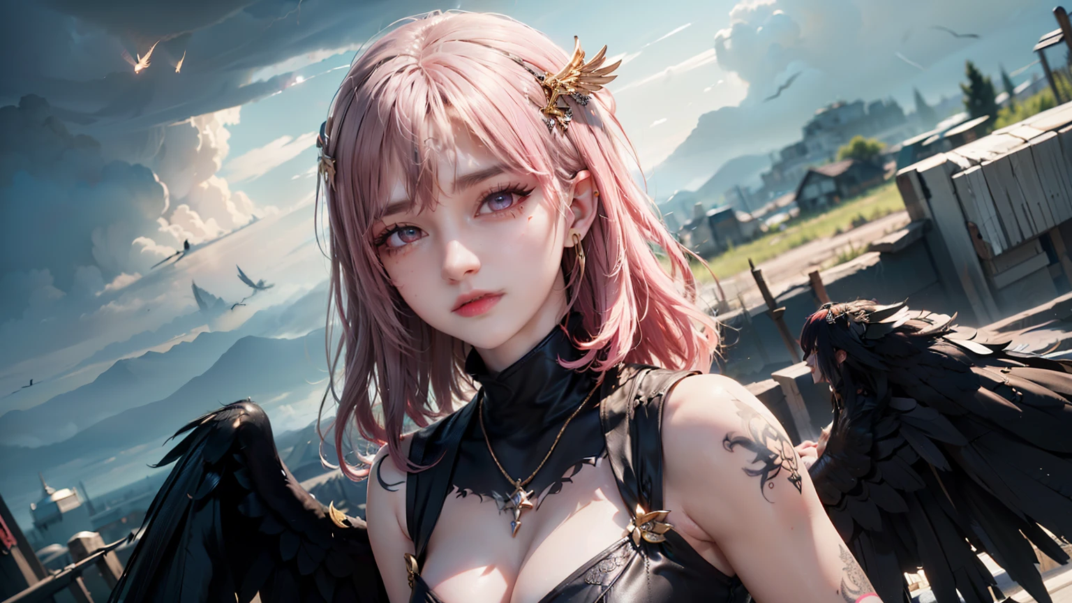 Masterpiece, top quality, pink hair, blue lightning, realistic, realistic details, high detail. Blue clothes. Blue Thunder. Blue crystal. Black suspended particles. Black smoke. Black crystals around. Black smoke wafts around. Warping the body. Warping the body. Horn. Darkness. Ochi Yami Yugi. Laugh. Very short. Boyish. Short hair. Short hair.
1 girl, beauty, , fine skin, anicos_No one,, navel, detached sleeves, bare shoulders, center opening, cleavage between breasts, middle breast, long feather hair clip, blue hair ornament, thigh height,watch viewer,isekai, ochi yami play. Temptation. Brainkill. Tattoo. Demon Tail. Gold pattern at chest. Luminescent tattoo. Luminescent tattoo. Devil's wings. Black and gold tiara. Tiara. Complex and luxurious tiara. Smile. Luminescent blades.