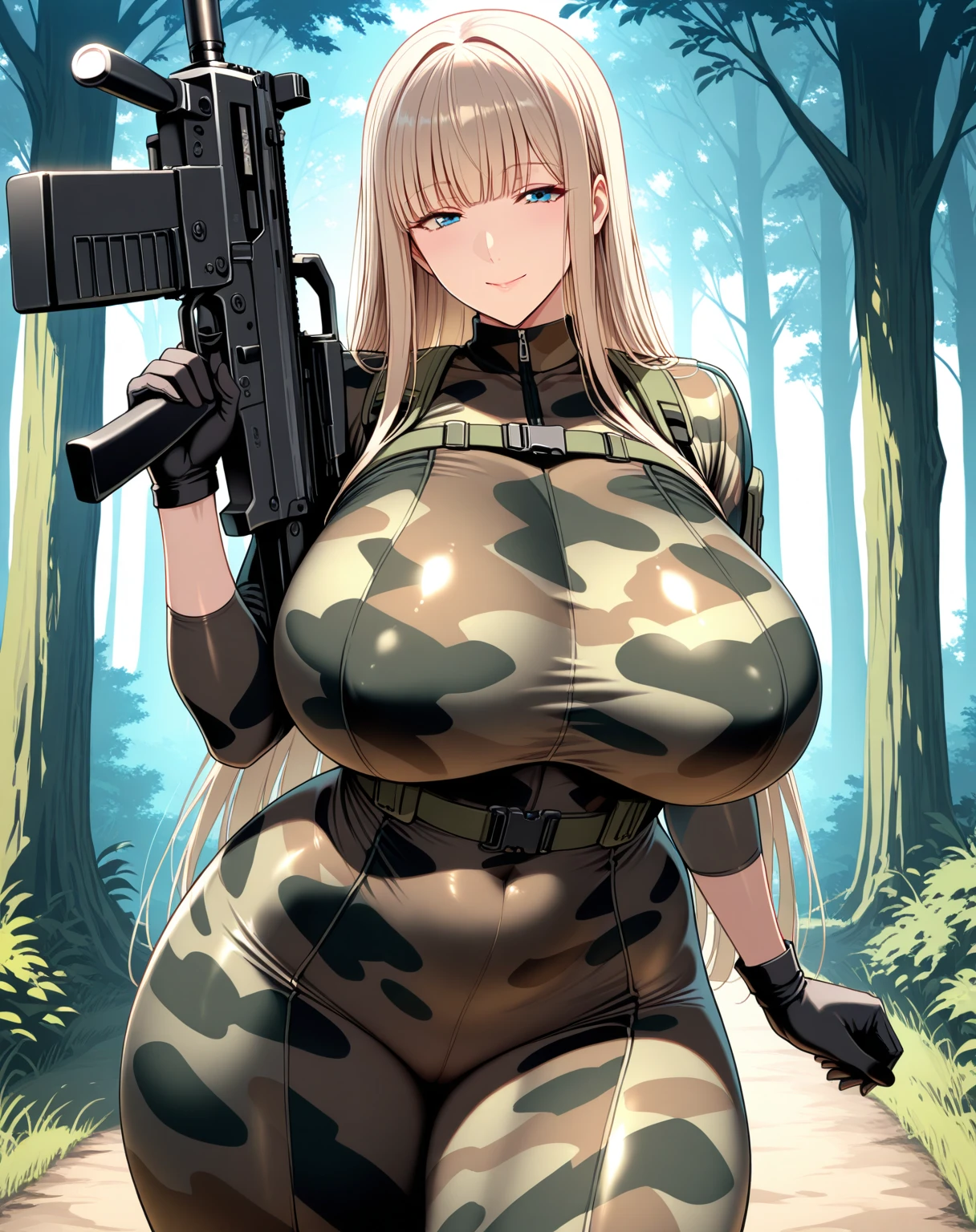 A woman，Long blond hair，Goggles，Female Soldier，Green helmet，in the forest，Wearing a black bikini，Long legs，Nipple protrusion，Twenties，exposed，Black high heels，Huge breasts，超级Huge breasts，Standing
