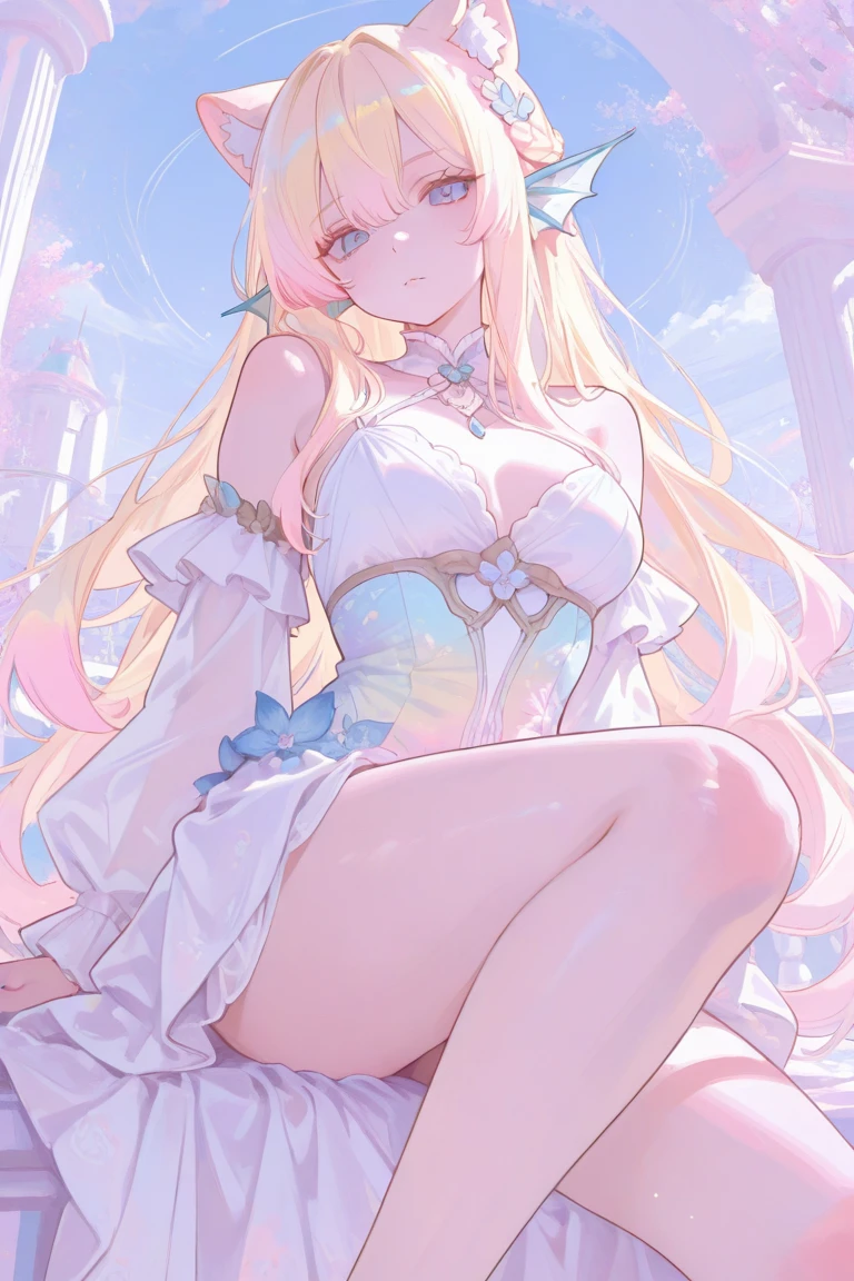 Anime girl with long blonde hair and pink dress, Blonde anime girl with long hair, Beautiful anime girl, Anime goddess, pretty anime girl, beautiful fantasy anime, Splash art anime Loli, Anime princess, cute anime waifu in a nice dress, beautiful anime art style, blond-haired princess，Crop topping，Bigboobs，Lori huge breasts cleavage，cleavage，Side breasts，big breasts exposed cleavage，Superskirt