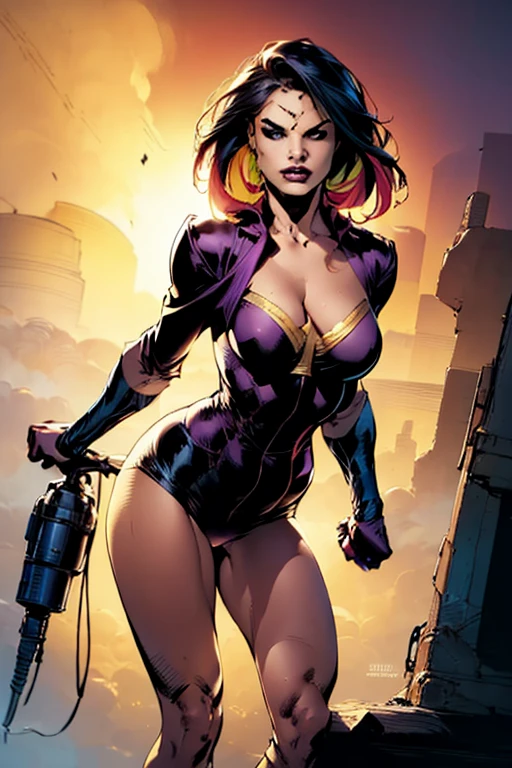 score_9, score_8_up, score_7_up, Rogue from X-Men , beautiful girl,,(Fondo de ruinas de mazmorra en ruinas:1.4 ) ,(cabello largo amarillo:1.4), blush, perfect eyes, red hair with white bangs, flying in sky, half-closed eyes, hearts, seductive, green eyes, solo, nsfw, (tight torn yellow shirt:1.4) , (tight torn yellow pants:1.4) ,( yellow gloves_:1.4) , (exposed nippless__:1.4) ,( exposed vulvaa__:1.4) ,(bomber jacket with X-Men logo patch on one sleeve:1.4) , realistic, 18 year old, arms raised, ((nipslip)), body facing viewer , X-Men logo belt buckle, (Fondo ciudad destroyed apocalypse fantasy:1.4), (Obra maestra: 1.4), (8K, realista, foto cruda, La mejor calidad: 1.4),Dedos perfectos, Cinco dedos, anatomically correct,,(Fondo de ruinas de mazmorra en ruinas cyberpunk :1.4 ), (pantalones amarillos rasgados :1.4),( no mutaciones)