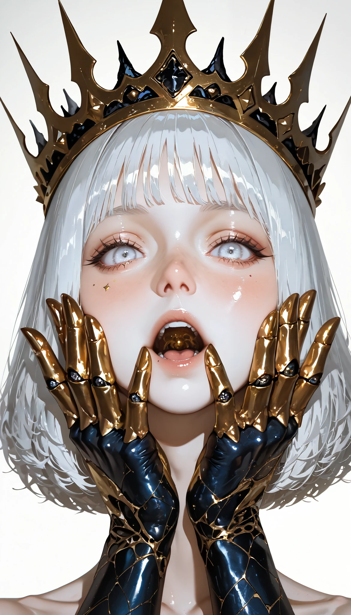 ( masterpiece, better quality), safe, bangs of incredible quality , very aesthetically pleasing , Absurds, highres, newer , HDR-10, 8K, high detail RAW color art , large pupil , eyelashes, high detail RAW color art ,a man, King Midas , A very aesthetic image , visual fractures ,(humanoid shadow ),Black flames,Burning Crows,semi-realista,smoke coming out of his mouth, shiny gold crown, bright white eyes , gold fingers , realistic gold ,textured , gold fingers , gold coins in your hands,parts