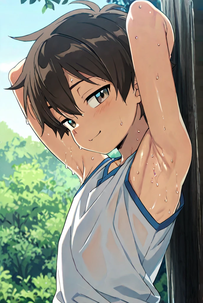 (masterpiece, best quality:1.2), cowboy shot, solo, 1boy, tainaka ritsu, smile, closed mouth, looking at viewer, arms behind back, hairband, (best quality, masterpiece, high resolution:1.4), 
(1boy, solo, Ritsu Tainaka), (muscular, shiny skin, swim trunks, bare chest),
smug, smile, hide hands, perfectionism, post processing, vibrant, max detail, insanely detailed, armpit focus, armpits, sweaty armpits, navel, sweat, cute, topless