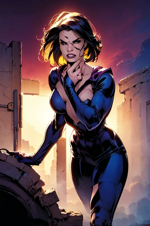 cabelo azul cacheado. Deep coffee eyes, dark and energetic. Ela usa um elegante vestido prateado.peituda. Comic style, Quadrinhos da Marvel