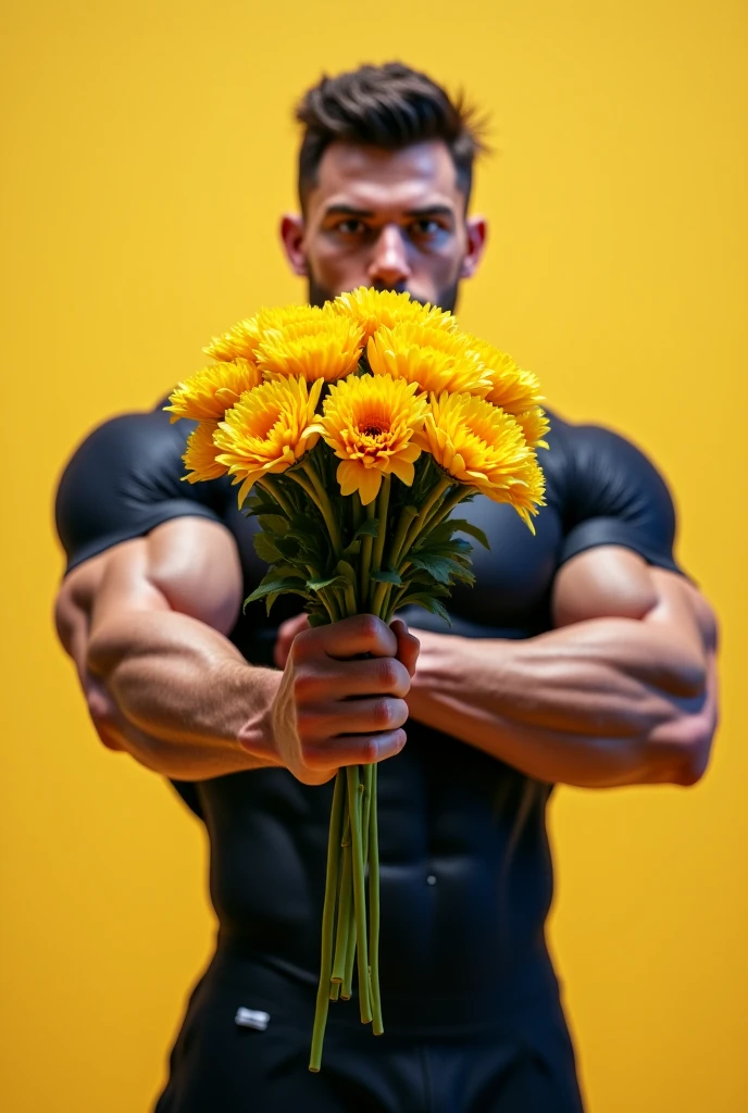 best quality,masterpiece,Ultra high detail,highres,A man,Short black hair,topless,(Flowers on the shoulder),(With flowers in his pants),realistic,Grey background,Yellow and white flowers,