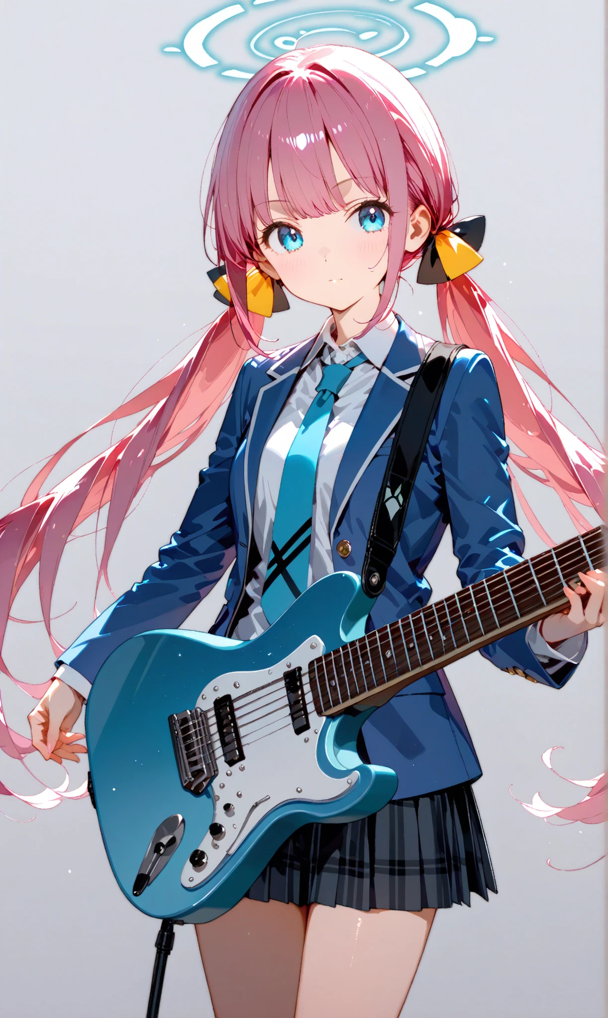 A cowboy shot framed with watercolor (0.4) and pastel (0.6) scene: a lone girl with long twin tails tied like an onion hair, her blue eyes gazing at the audience, standing on a live concert stage. She wears a blazer over a shirt, a skirt, and a tie, illuminated by spinning penlights, her bangs and side locks accentuating her face against a simple gray background, emphasizing her upper body and heartfelt presence, holding a guitar.

