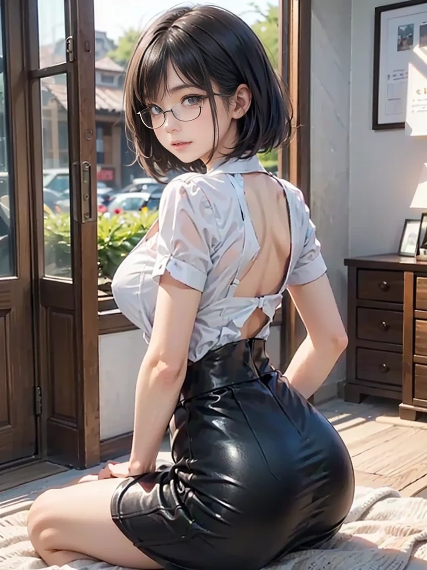 (8K、Raw photography、top-quality、masterpiece:1.2)、(realisitic、Photorealsitic:1.37)、ultra-detailliert、超A high resolution、女の子1人、see the beholder、beautifull detailed face、A smile、Constriction、(Slim waist) :1.3)、summer clothing、Beautiful detailed skin、Skin Texture、Floating hair、Professional Lighting、In the rainy city、hair, Clothes and skin are slightly wet、Black square glasses 、Whole human body、Brown hair、(a miniskirt、upturned ass、light skinned、kawaii、Embarrassing、Super beauty、Upturned、Get on all fours with your big butt sticking out towards the viewer、While staring at the viewer、The silhouette is eroi)