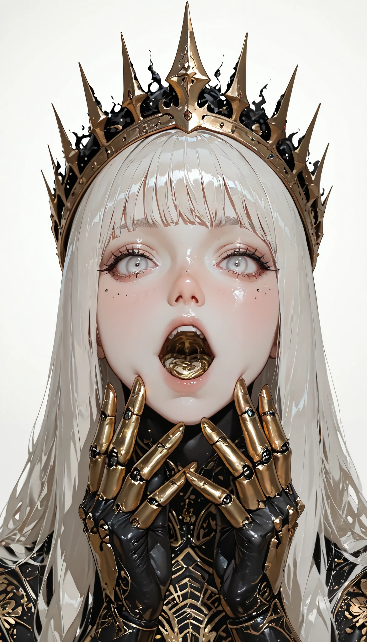 ( masterpiece, better quality), safe, bangs of incredible quality , very aesthetically pleasing , Absurds, highres, newer , HDR-10, 8K, high detail RAW color art , large pupil , eyelashes, high detail RAW color art ,a man, King Midas , A very aesthetic image , visual fractures ,(humanoid shadow ),Black flames,Burning Crows,semi-realista,smoke coming out of his mouth, shiny gold crown, bright white eyes , gold fingers , realistic gold ,textured , gold fingers , gold coins in your hands,parts