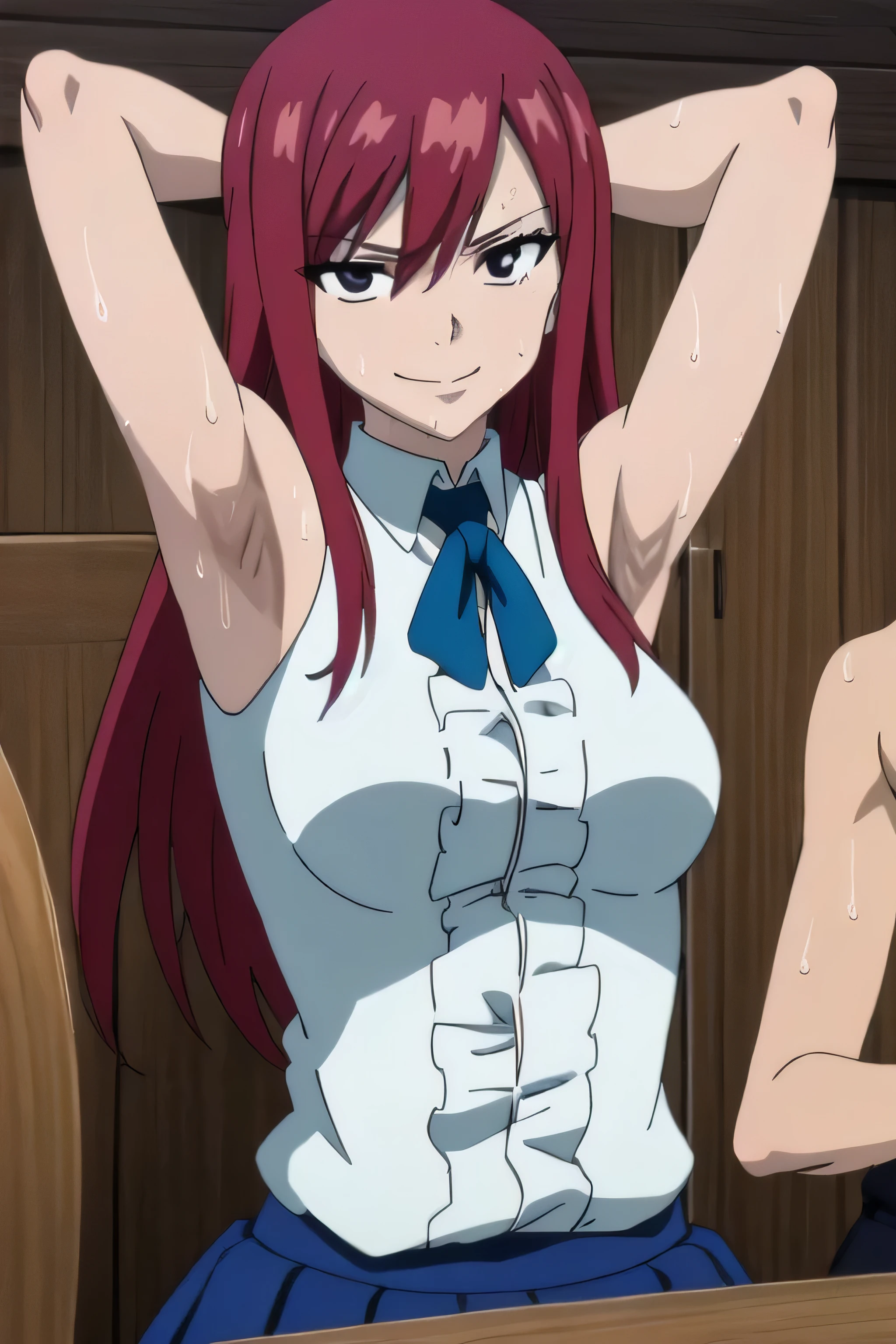 1girl, solo, upper body, facing viewer, looking at viewer, smile, ERZASCARLET, BARE SHOULDERS, WHITE SHIRT, BLUE SKIRT,armpits,armpit,sweat,sweaty,sweaty armpits,awesome armpits,tired,exhausted,sensual expression