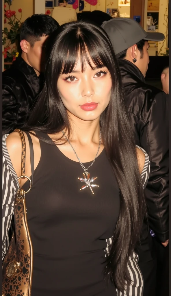 a close up of a woman with a very big breast posing for a picture, star trek asian woman, revealing clothes, she has black hair with bangs, side boob, wears a egyptian ankh necklace, black hime cut hair, sie boob, sultry smirk, revealing, revealing outfit, cleavage, her black hair is a long curly, asian female