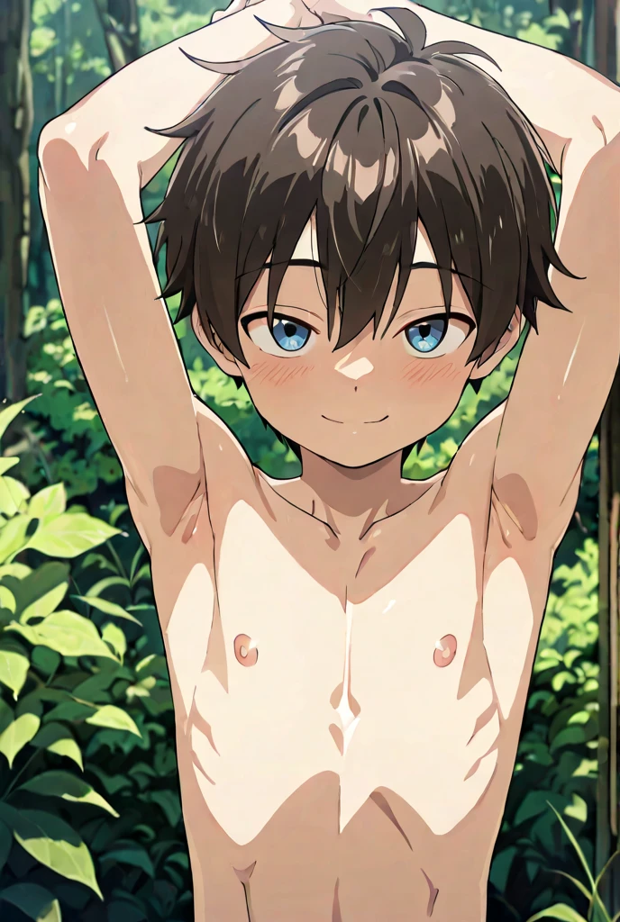 Score_9,  score_8_up, score_7_up, storyboard, ikuchan, tree, 1boy, monochrome, short hair, 1boy, young, nude, sexy, solo, nude, small penis, sitting, spread legs, flower garlet, flower crown