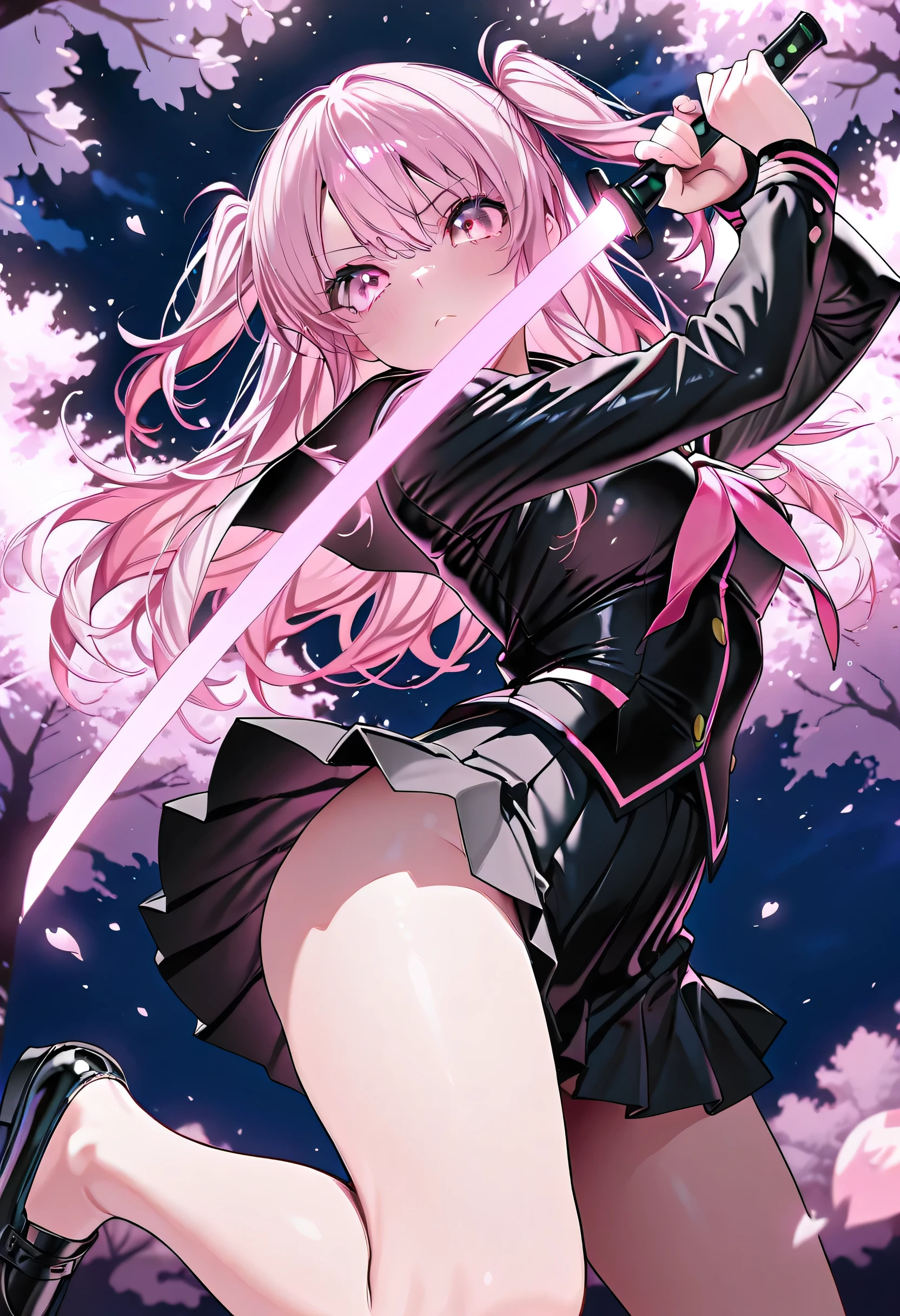 masterpiece,amazing quality,best quality,ultra-detailed,8k,illustration,CG,　 1girl , tell me about 1 beautiful girl,black sailor suit,pink hair,two side up,Pink Eyes,pink energy sword,Cherry Blossom Petals Dancing, cherry blossoms at night,serious face