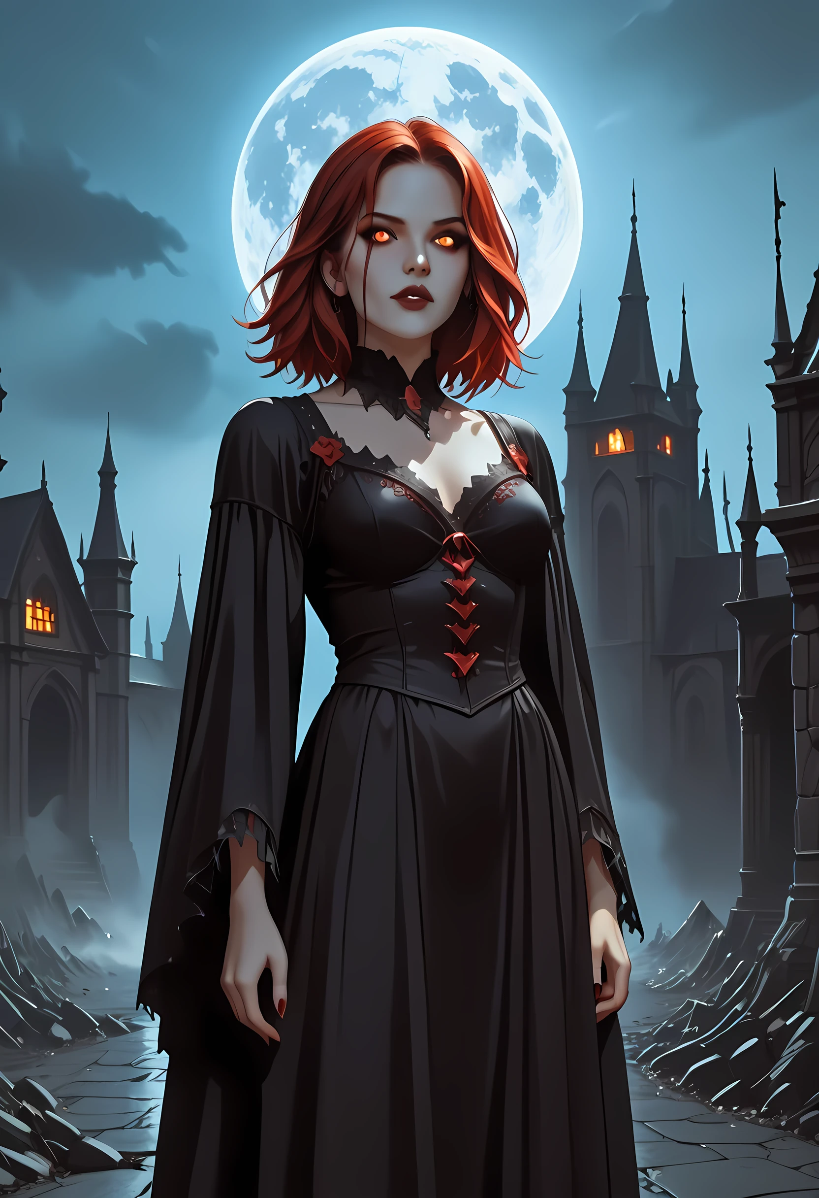 dark fantasy art, a picture of a fantasy, a beautiful female vampire, best detailed face,  pale skin, red hair, glowing eyes, red eyes, wearing black dress, transparent voile fabric dress, goth dress, small cleavage, intricate dress, it is night time, the moon is in the sky, a sense of dread, soft light. moon rays. high details, best quality, 16k, [ultra detailed], masterpiece, best quality, (extremely detailed), close up, ultra wide shot, photorealistic, RAW, fantasy art, dnd art, fantasy art, realistic art,((best quality)), ((masterpiece)), (detailed), perfect face, fantasy, vampyfangs1, g0th1cpnk