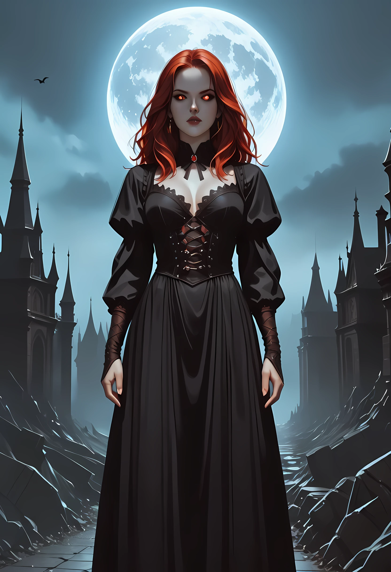 dark fantasy art, a picture of a fantasy, a beautiful female vampire, best detailed face,  pale skin, red hair, glowing eyes, red eyes, wearing black dress, transparent voile fabric dress, goth dress, small cleavage, intricate dress, it is night time, the moon is in the sky, a sense of dread, soft light. moon rays. high details, best quality, 16k, [ultra detailed], masterpiece, best quality, (extremely detailed), close up, ultra wide shot, photorealistic, RAW, fantasy art, dnd art, fantasy art, realistic art,((best quality)), ((masterpiece)), (detailed), perfect face, fantasy, vampyfangs1, g0th1cpnk