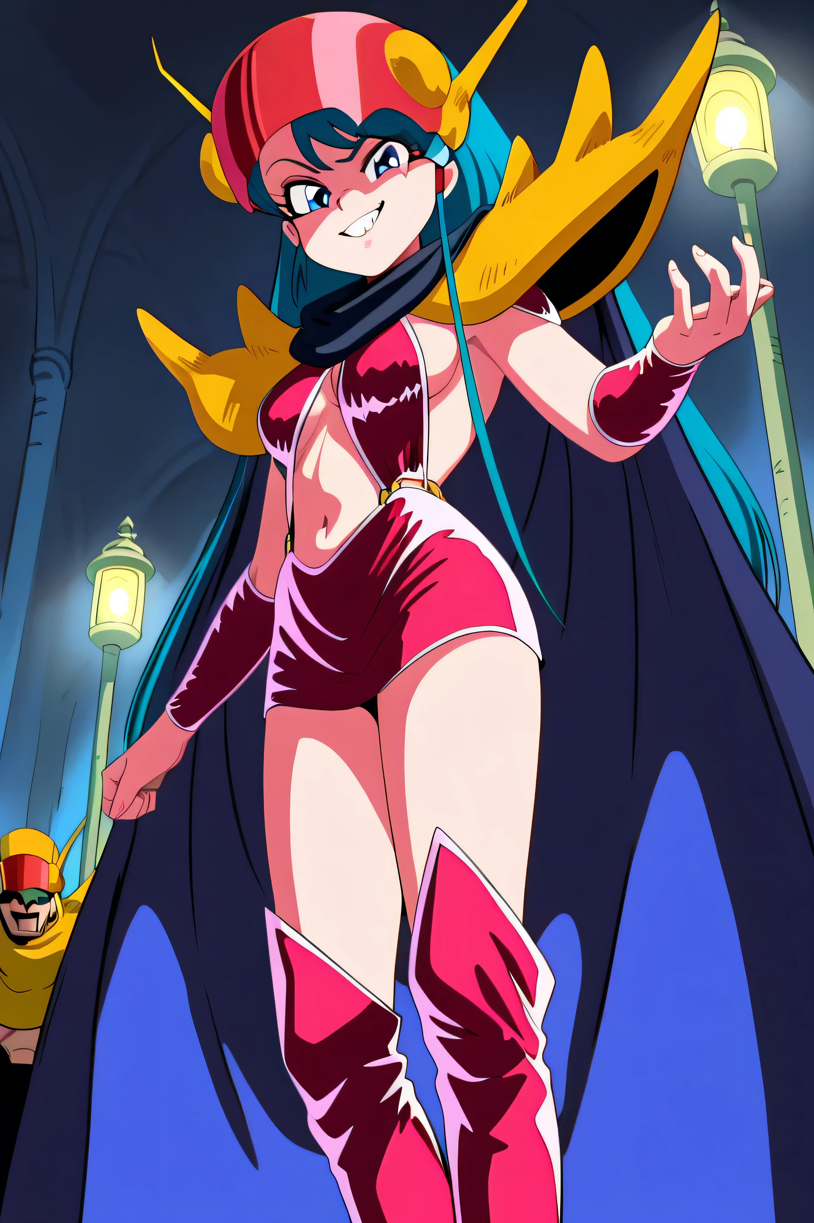 masterpiece, best quality, , Absard Dress, 1 girl, alone,villain pose ,,Stand in front, low angle,beautiful body, beautiful hands , beautiful legs,from below,looking at viewer,
Kuki_king, Onyomiko , lantern, long hair, blue eyes, Chest for Men,
Head Mounted Display, Hair Ornaments Closer to the Garden, yellow shoulder pads , Blue Coat, red bikini armor, sideboob, Red Armrests , midriff, belly button, throw,Viewer,, Brings Your Hands Closer to Your Mouth,,Beautiful hands and feet,thigh-high boots, low angle,Shadow Face(Eyes Hidden in Shadows),evil smirk,amazing quality,