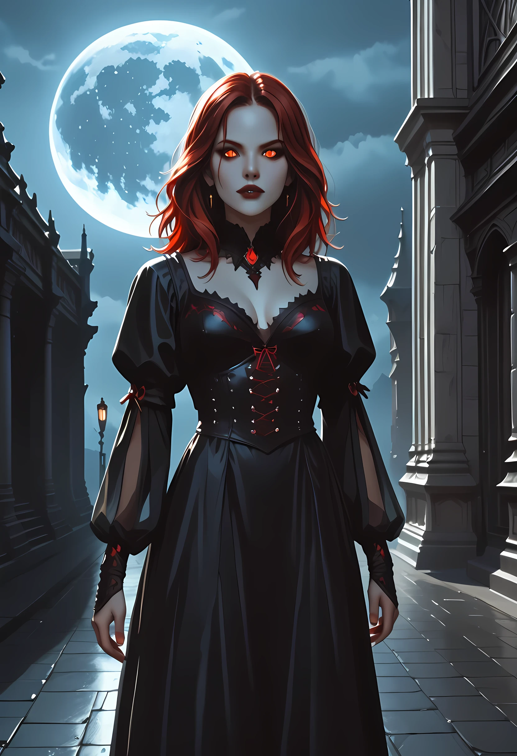 dark fantasy art, a picture of a fantasy, a beautiful female vampire, best detailed face,  pale skin, red hair, glowing eyes, red eyes, wearing black dress, transparent voile fabric dress, goth dress, small cleavage, intricate dress, it is night time, the moon is in the sky, a sense of dread, soft light. moon rays. high details, best quality, 16k, [ultra detailed], masterpiece, best quality, (extremely detailed), close up, ultra wide shot, photorealistic, RAW, fantasy art, dnd art, fantasy art, realistic art,((best quality)), ((masterpiece)), (detailed), perfect face, fantasy, vampyfangs1, g0th1cpnk