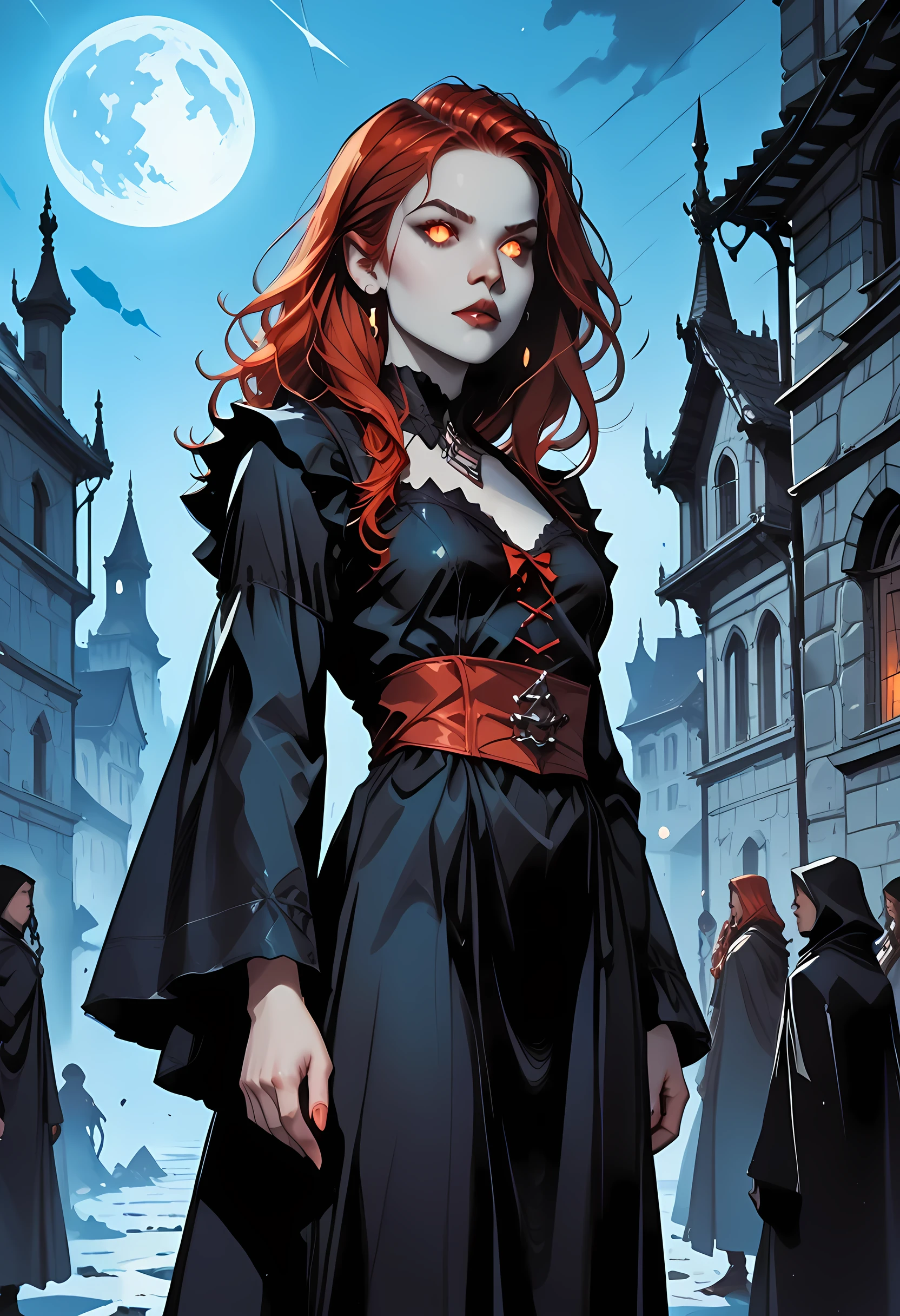 dark fantasy art, a picture of a fantasy, a beautiful female vampire, best detailed face,  pale skin, red hair, glowing eyes, red eyes, wearing black dress, transparent voile fabric dress, goth dress, small cleavage, intricate dress, it is night time, the moon is in the sky, a sense of dread, soft light. moon rays. high details, best quality, 16k, [ultra detailed], masterpiece, best quality, (extremely detailed), close up, ultra wide shot, photorealistic, RAW, fantasy art, dnd art, fantasy art, realistic art,((best quality)), ((masterpiece)), (detailed), perfect face, fantasy, vampyfangs1, g0th1cpnk, commix style