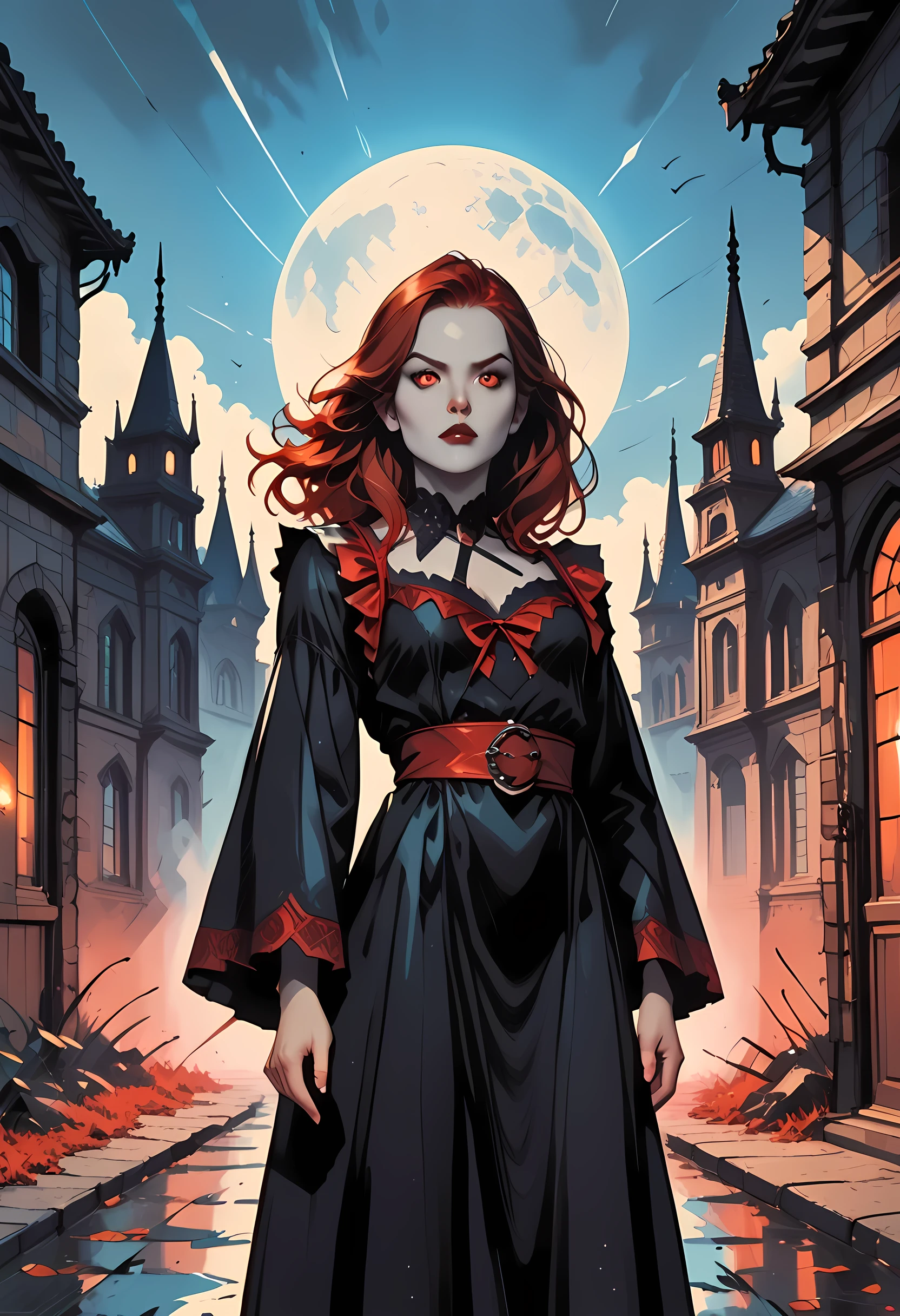 dark fantasy art, a picture of a fantasy, a beautiful female vampire, best detailed face,  pale skin, red hair, glowing eyes, red eyes, wearing black dress, transparent voile fabric dress, goth dress, small cleavage, intricate dress, it is night time, the moon is in the sky, a sense of dread, soft light. moon rays. high details, best quality, 16k, [ultra detailed], masterpiece, best quality, (extremely detailed), close up, ultra wide shot, photorealistic, RAW, fantasy art, dnd art, fantasy art, realistic art,((best quality)), ((masterpiece)), (detailed), perfect face, fantasy, vampyfangs1, g0th1cpnk, commix style