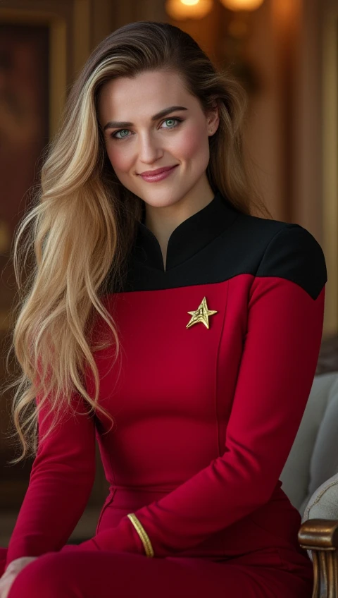 Pretty young woman with long blonde hair and freckles. Smiling. Red TNG uniform. (8K, RAW, Professional, Best Quality, Masterpiece: 1.2), (Realistic, PhotoRealistic: 1.37)