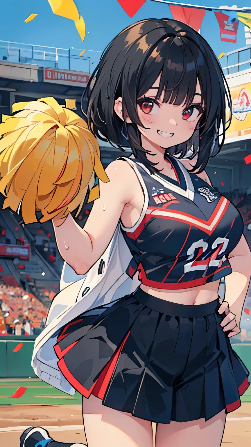 A girl with long pigtails of brown hair and pretty green eyes, framed by pale skin, stood smirking at Bakugo, her opponent in the U.A. Sports Festival. Her hands glowed a vibrant green, a testament to her quirk, Vital Surge, which allowed her to heal people. Clad in the standard gym uniform, she faced Bakugo with a mix of determination and confidence. The stadium buzzed with excitement, the audience eager to see how her healing abilities would fare against Bakugo's explosive power. The scene, rendered in the distinct, dynamic art style of My Hero Academia, captured the intensity of the moment as the battle commenced.