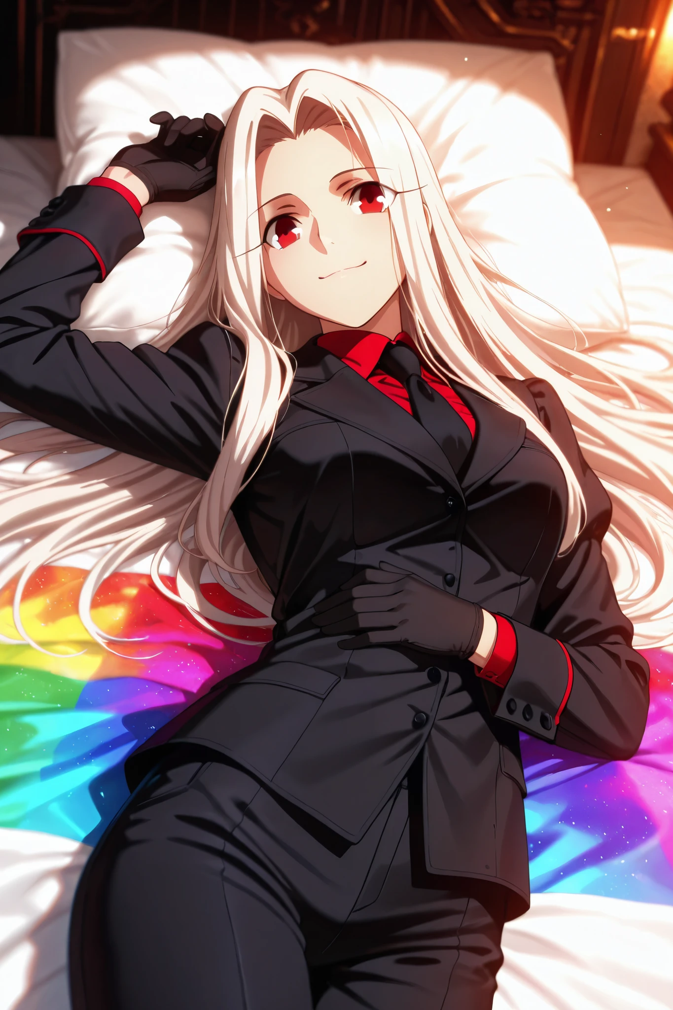 1girl, irisviel von einzbern, silver hair, long hair, parted bangs, red eyes, very long hair, forehead, pantsuit, black clothes, black gloves, black necktie, black gloves, ((bloom)), (tone mapping), colorful, high contrast, high saturation, cinematic lighting, smile, black blazer, black trousers, lying on bed, looking at viewer, queen bedroom,