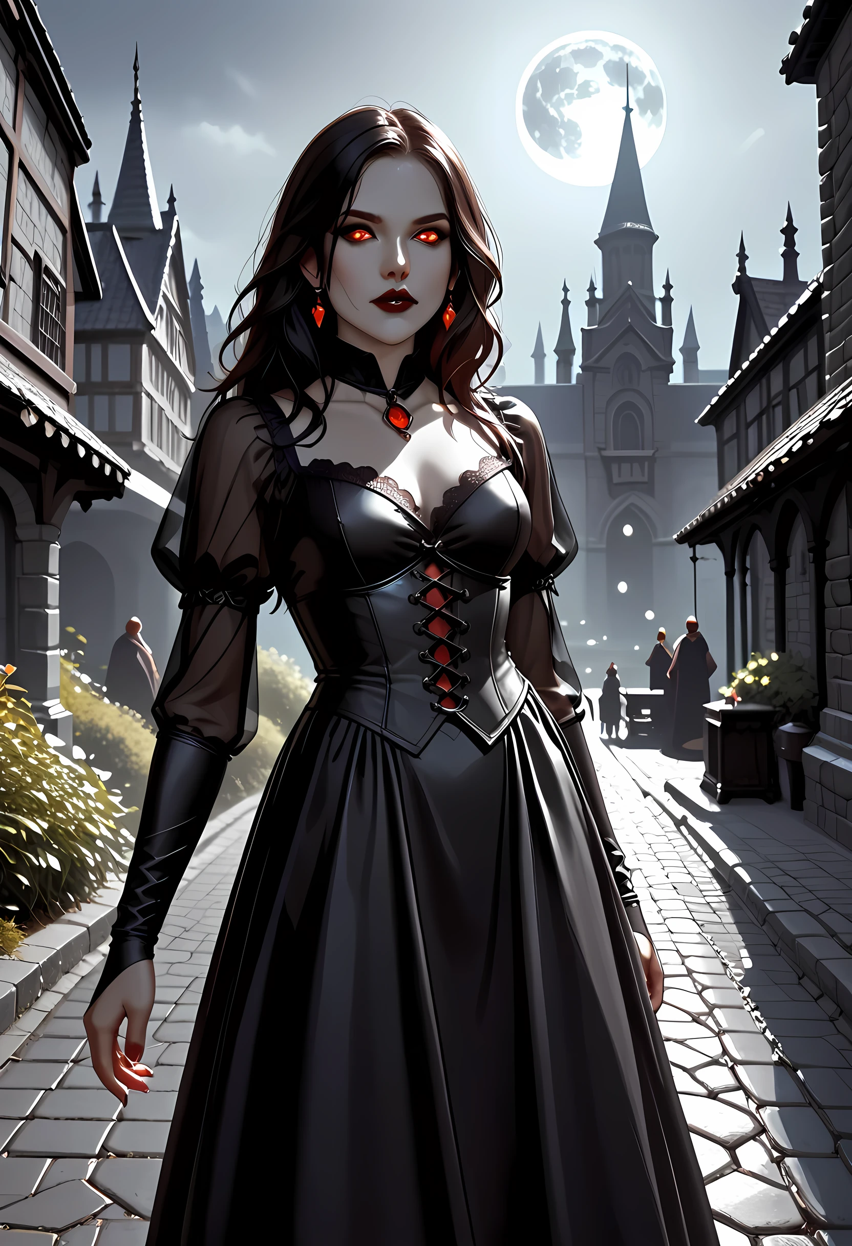 dark fantasy art, a picture of a fantasy, a beautiful female vampire, best detailed face,  pale skin, cobalt hair, glowing eyes, red eyes, wearing black dress, transparent fabric dress, goth dress, small cleavage, intricate dress, it is night time, the moon is in the sky, a sense of dread, soft light. moon rays. high details, best quality, 16k, [ultra detailed], masterpiece, best quality, (extremely detailed), close up, ultra wide shot, photorealistic, RAW, fantasy art, dnd art, fantasy art, realistic art,((best quality)), ((masterpiece)), (detailed), perfect face, fantasy, vampyfangs1