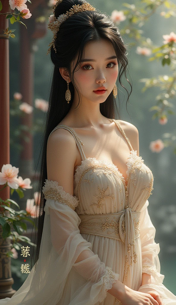 super fine illustration,masterpiece, best quality,{beautiful detailed eyes},1girl,finely detail,Depth of field, 32k wallpaper,bluesky,cumulus,wind,insanely detailed frills,extremely detailed lace,BLUE SKY,very long hair,Slightly open mouth,high ponytail,silver hair,small Breasts,cumulonimbus capillatus,slender waist,There are many scattered luminous petals,Hidden in the light yellow flowers,Depth of field,She bowed her head in frustration,Many flying drops of water,Upper body exposed,Many scattered leaves,branch ,angle ,contour deepening,cinematic angle ,{{{Classic decorative border}}},(((Flat Chest))),Are thin,((A beautiful girl)),(Are thin),