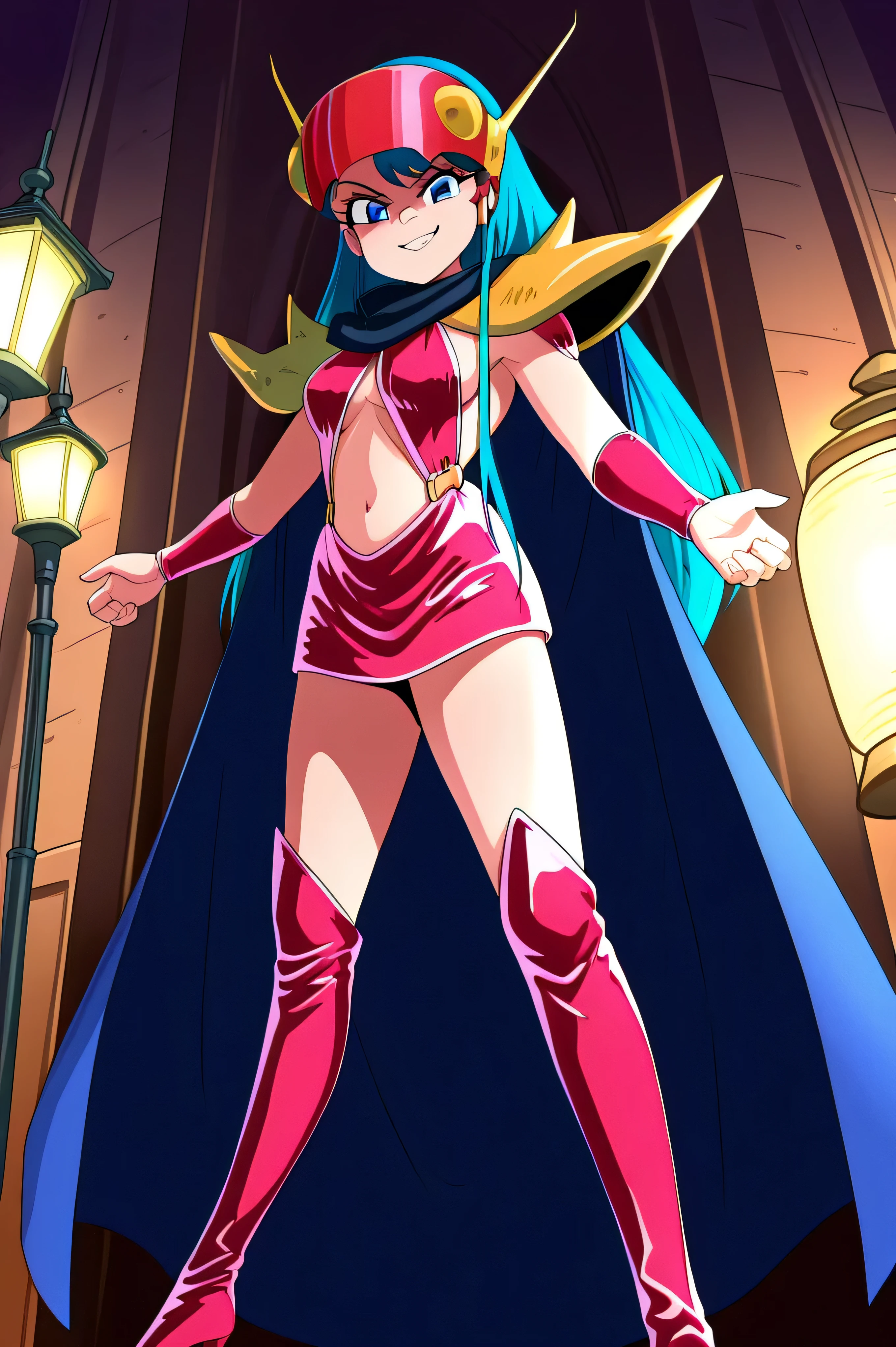 masterpiece, best quality, , Absard Dress, 1 girl, alone,villain pose ,,Stand in front, low angle,beautiful body, beautiful hands , beautiful legs,from below,looking at viewer,
Kuki_king, Onyomiko , lantern, long hair, blue eyes, Chest for Men,
Head Mounted Display, Hair Ornaments Closer to the Garden, yellow shoulder pads , Blue Coat, red bikini armor, sideboob, Red Armrests , midriff, belly button, throw,Viewer,, Brings Your Hands Closer to Your Mouth,,Beautiful hands and feet,thigh-high boots, low angle,Shadow Face(Eyes Hidden in Shadows),evil smirk,amazing quality,