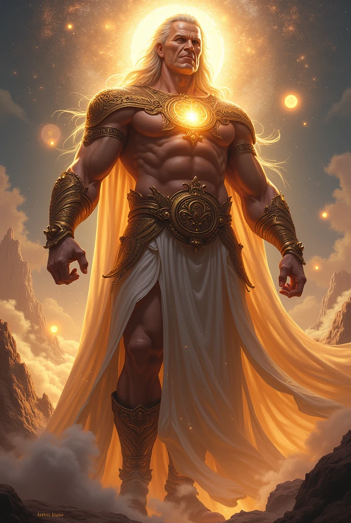 (best quality, masterpiece),(nice sky, warm colors, soft lighting),(god Apollo with majestic expression holding sun in his hands, bright skin),(wearing loose and long clothes, light color),golden hair, beard for making golden, bright halo around Apollo's head) set body, 8k, majestic --auto --s2